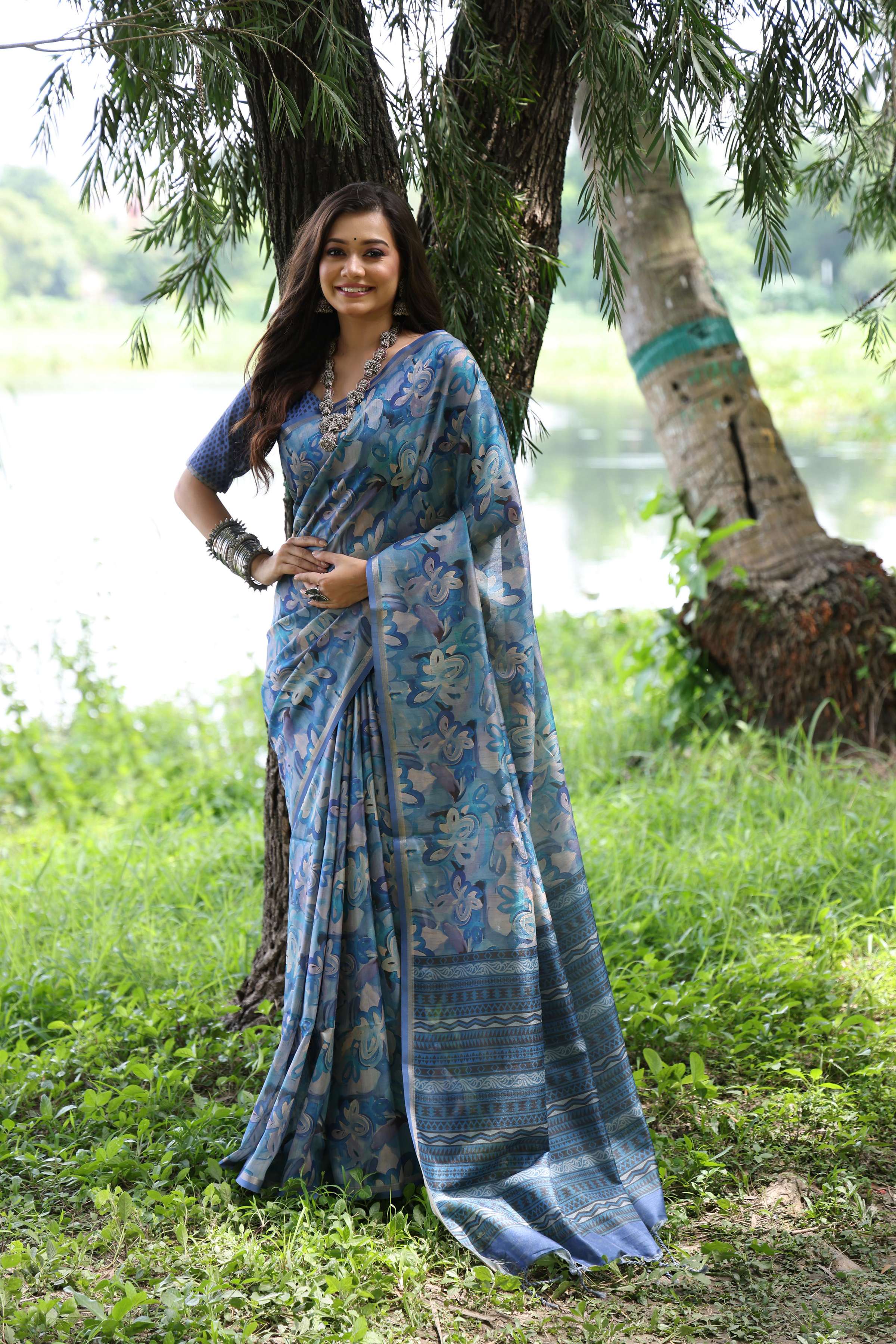 Jyoti Fashion Women's Blue Soft Tussar Silk Printed and Zari Woven Saree with Blouse - Distacart