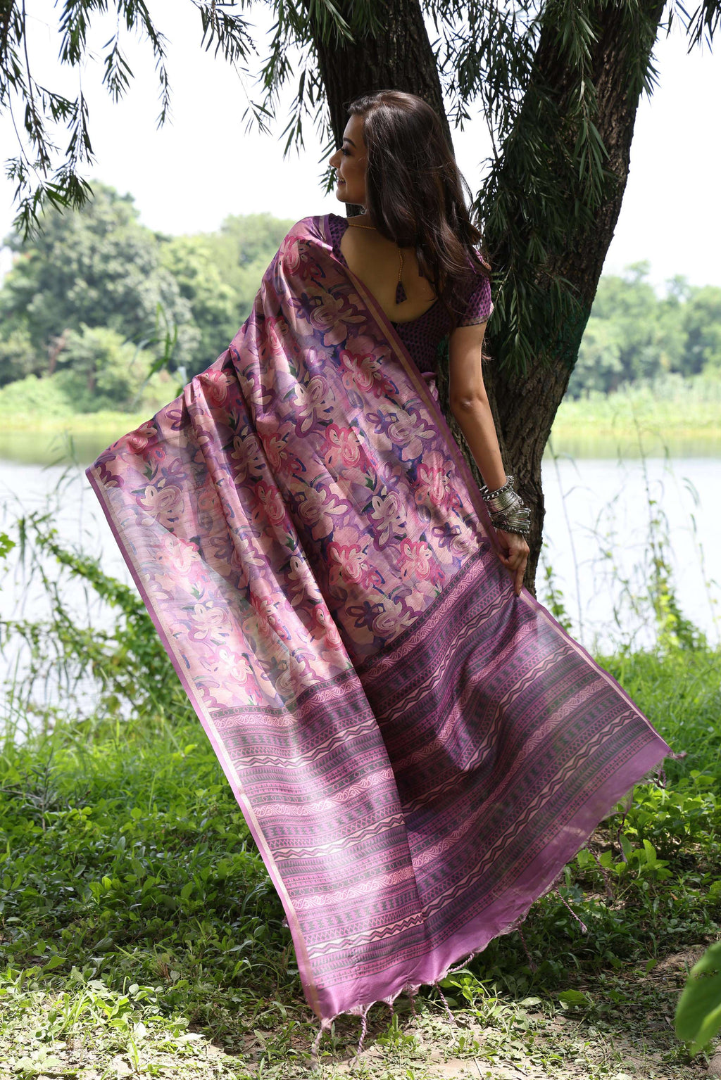 Jyoti Fashion Women's Purple Soft Tussar Silk Printed and Zari Woven Saree with Blouse - Distacart