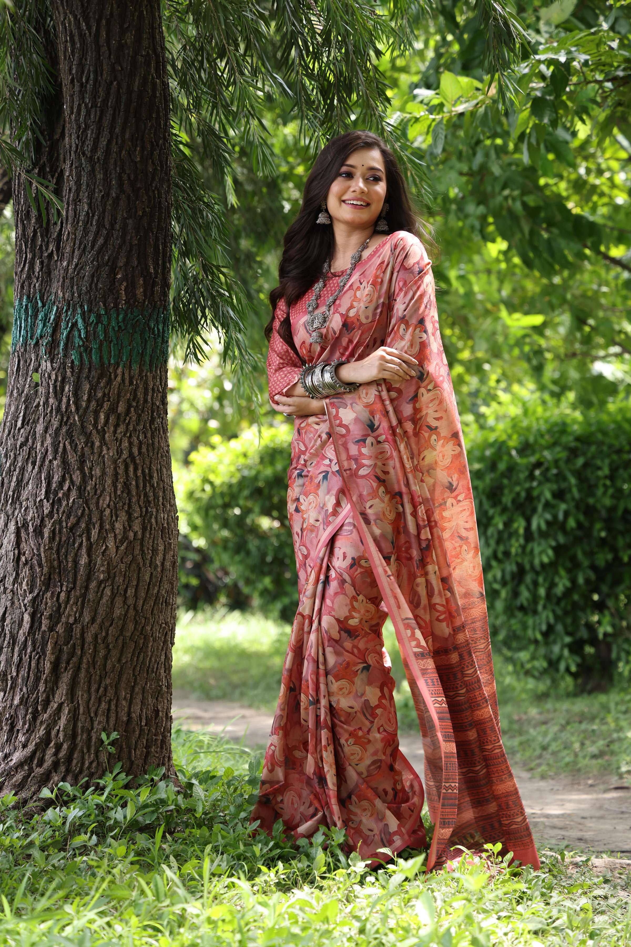 Jyoti Fashion Women's Maroon Soft Tussar Silk Printed and Zari Woven Saree with Blouse - Distacart