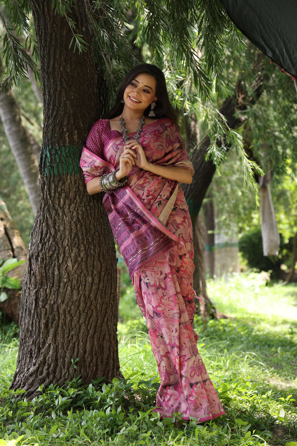 Jyoti Fashion Women's Wine Soft Tussar Silk Printed and Zari Woven Saree with Blouse - Distacart