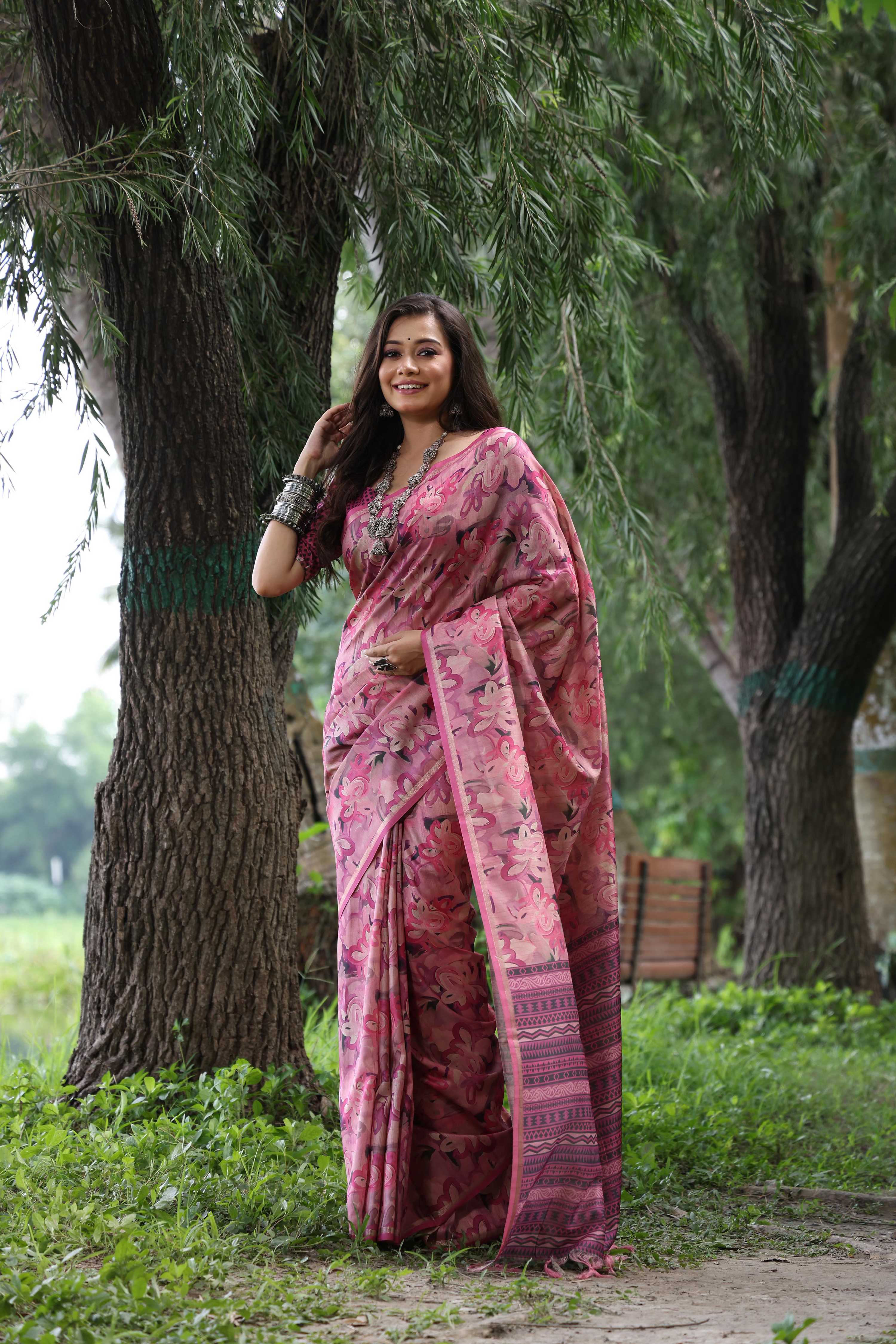 Jyoti Fashion Women's Wine Soft Tussar Silk Printed and Zari Woven Saree with Blouse - Distacart