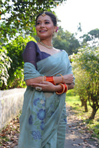 Jyoti Fashion Women's Sky Blue Soft Muga Cotton Resham Jamdani Weaving Traditional Saree with Blouse - Distacart
