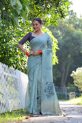 Jyoti Fashion Women's Sky Blue Soft Muga Cotton Resham Jamdani Weaving Traditional Saree with Blouse - Distacart