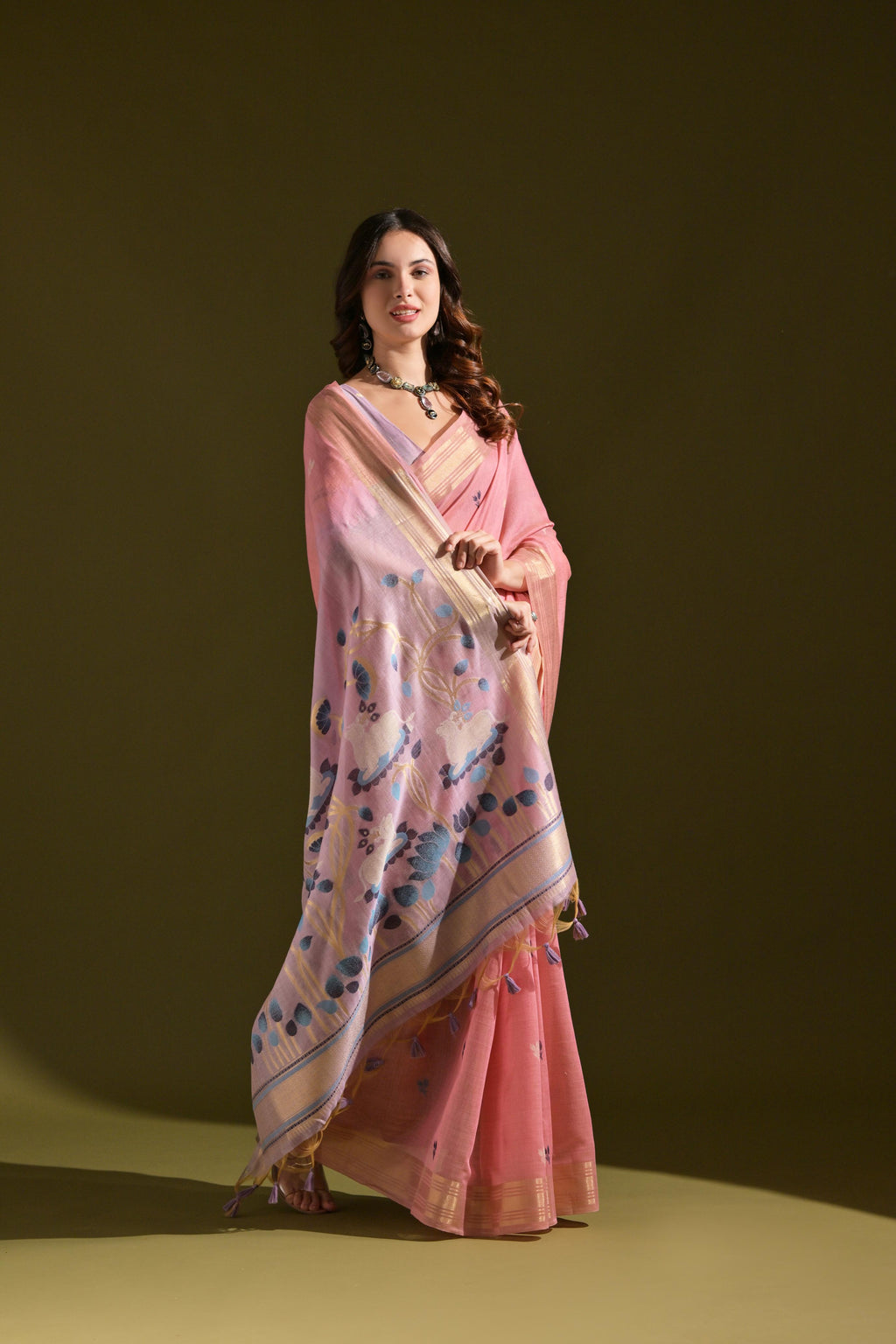 Jyoti Fashion Women's Baby Pink Soft Muga Cotton Resham Zari Weaving Traditional Saree with Blouse - Distacart