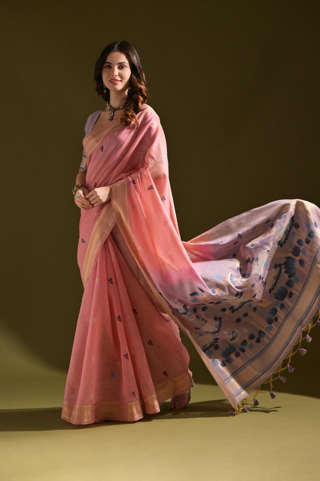 Jyoti Fashion Women's Baby Pink Soft Muga Cotton Resham Zari Weaving Traditional Saree with Blouse - Distacart