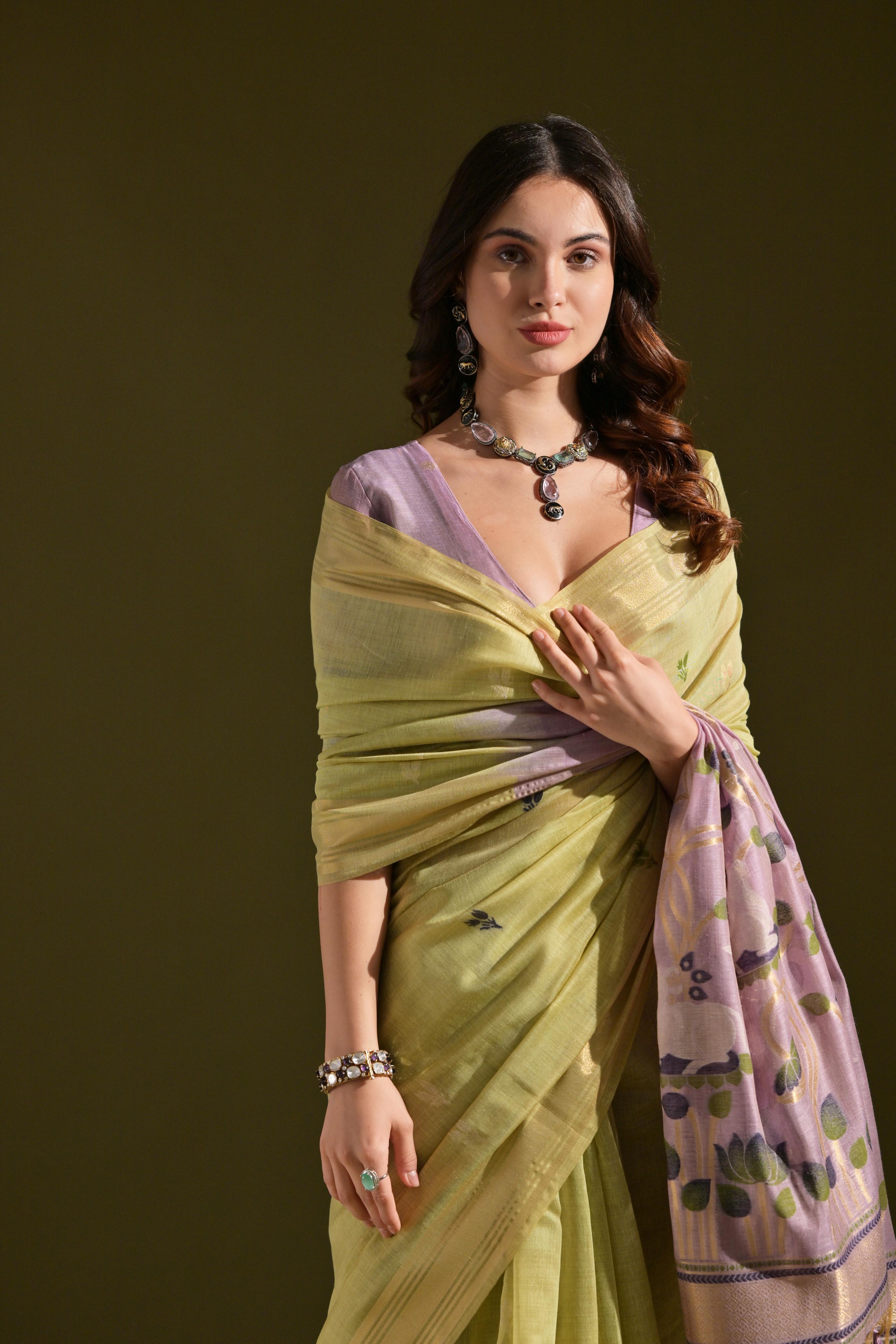 Jyoti Fashion Women's Green Soft Muga Cotton Resham Zari Weaving Traditional Saree with Blouse - Distacart