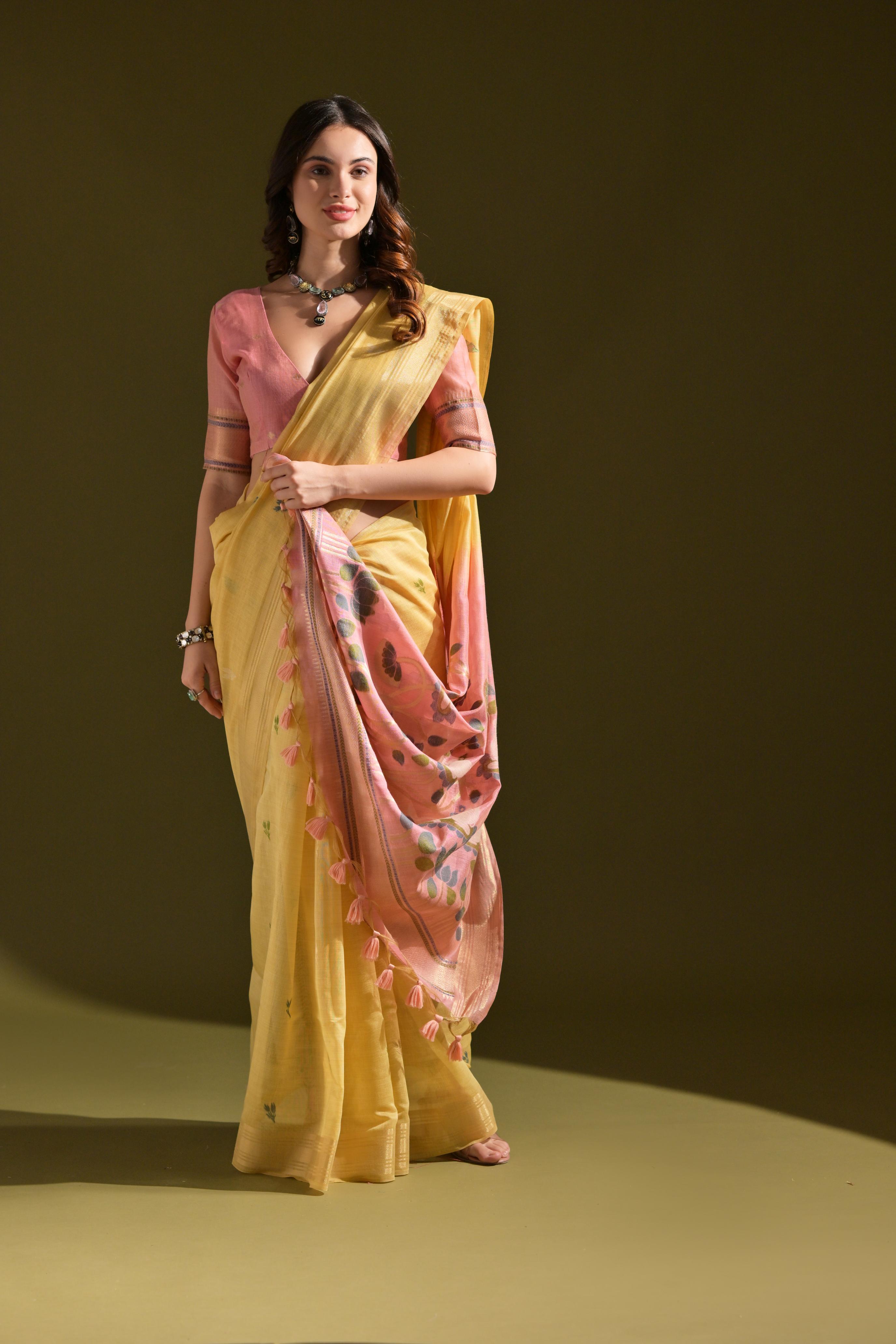 Jyoti Fashion Women's Yellow Soft Muga Cotton Resham Zari Weaving Traditional Saree with Blouse - Distacart