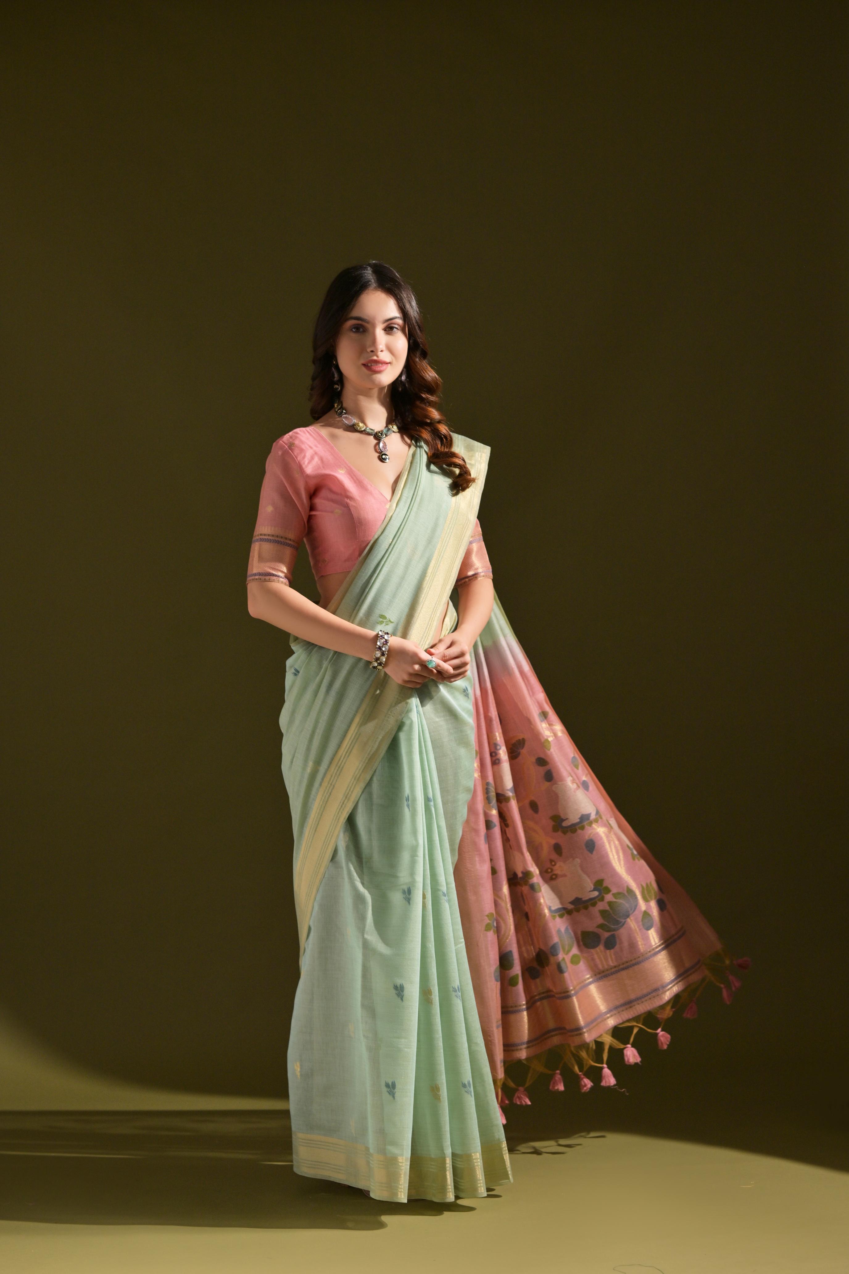 Jyoti Fashion Women's Sky Blue Soft Muga Cotton Resham Zari Weaving Traditional Saree with Blouse - Distacart