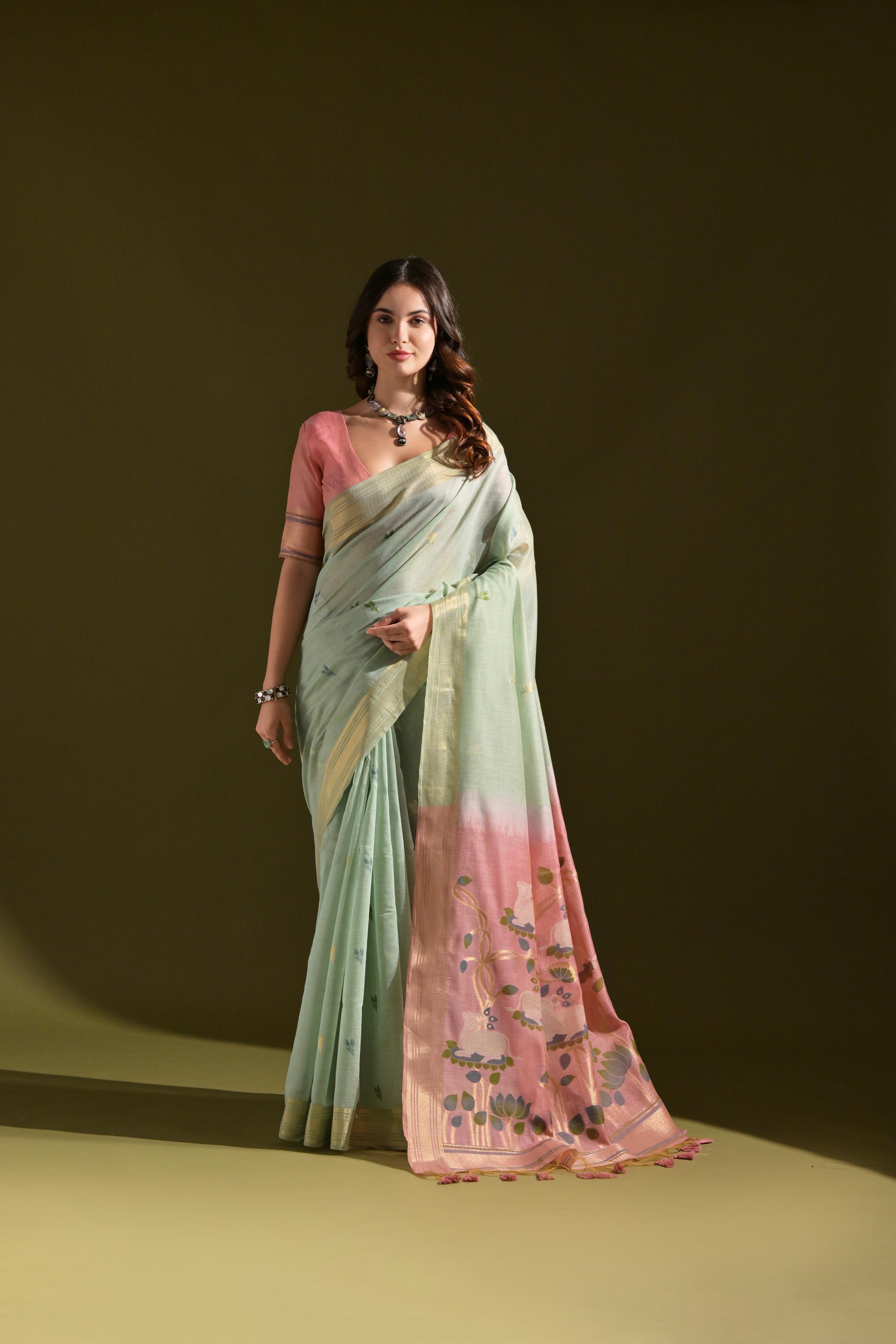 Jyoti Fashion Women's Sky Blue Soft Muga Cotton Resham Zari Weaving Traditional Saree with Blouse - Distacart