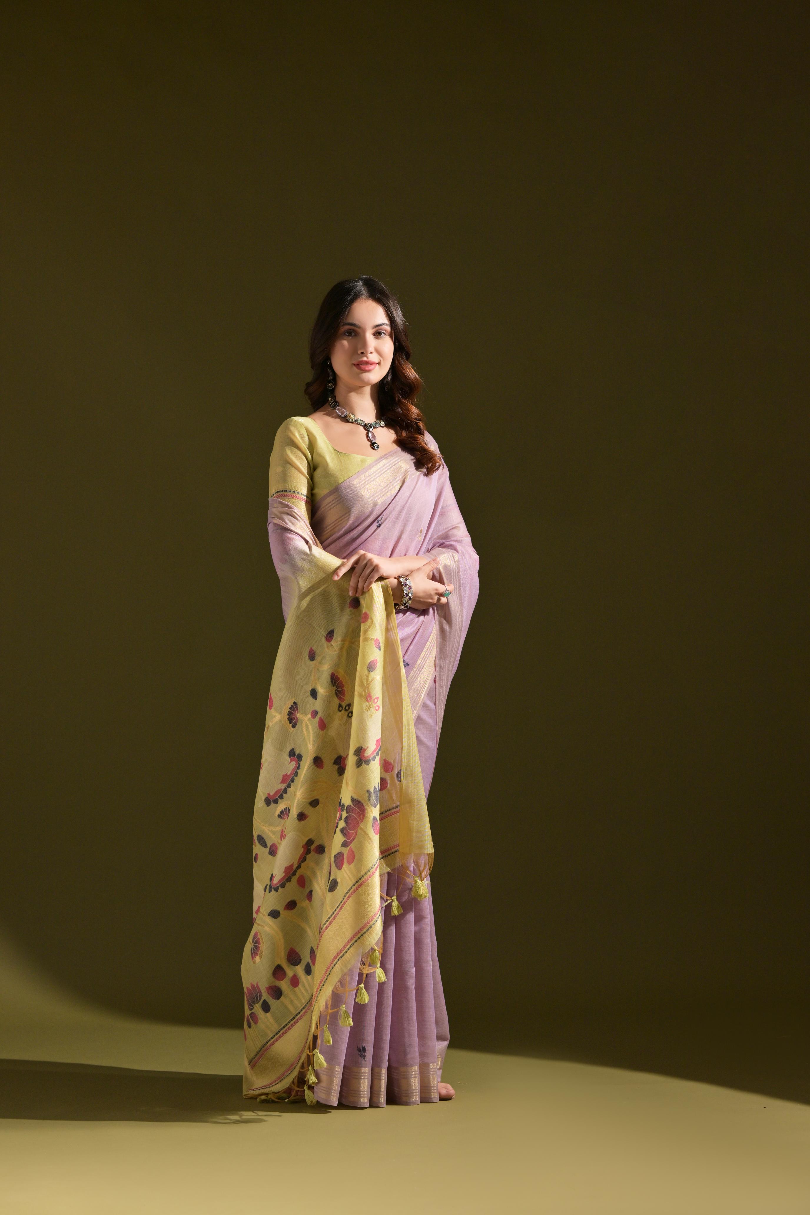 Jyoti Fashion Women's Purple Soft Muga Cotton Resham Zari Weaving Traditional Saree with Blouse - Distacart
