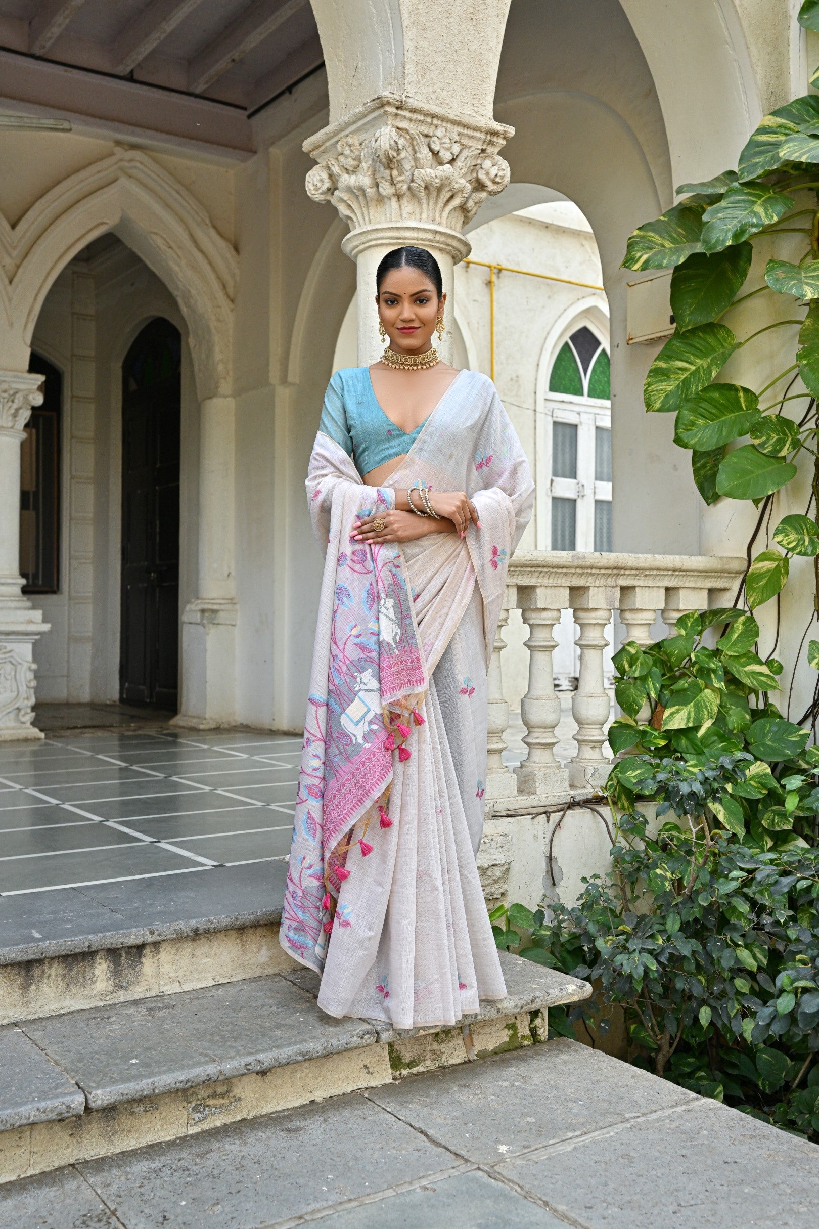 Jyoti Fashion Women's Pink Soft Muga Cotton Floral Weaving Traditional Saree with Blouse - Distacart