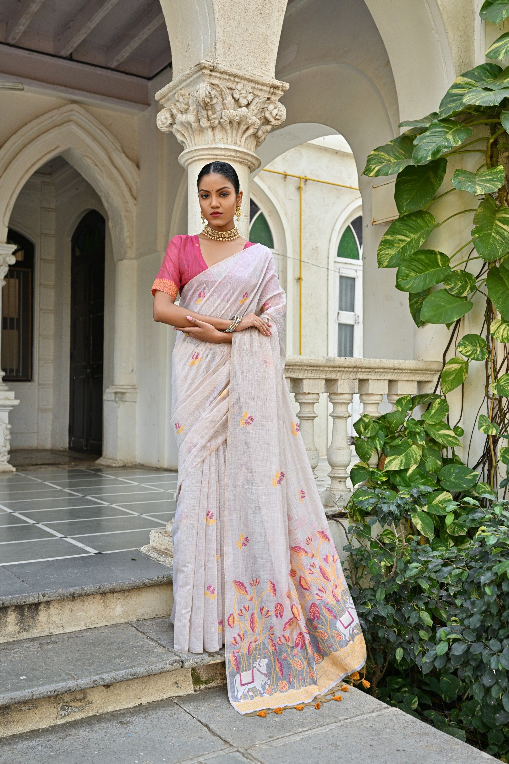 Jyoti Fashion Women's Yellow Soft Muga Cotton Floral Weaving Traditional Saree with Blouse - Distacart