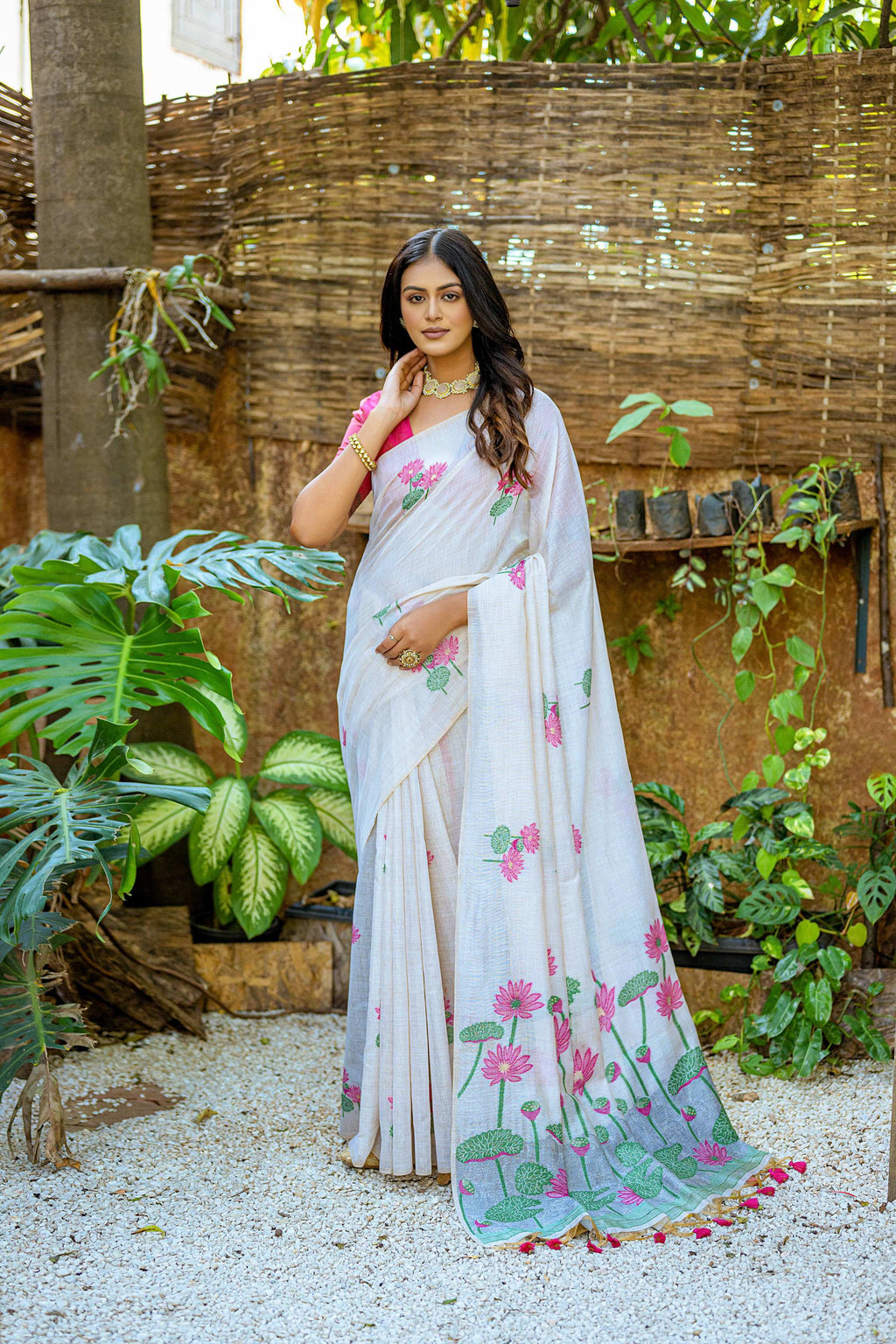 Jyoti Fashion Women's Pink Soft Muga Cotton Floral Weaving Traditional Saree with Blouse - Distacart