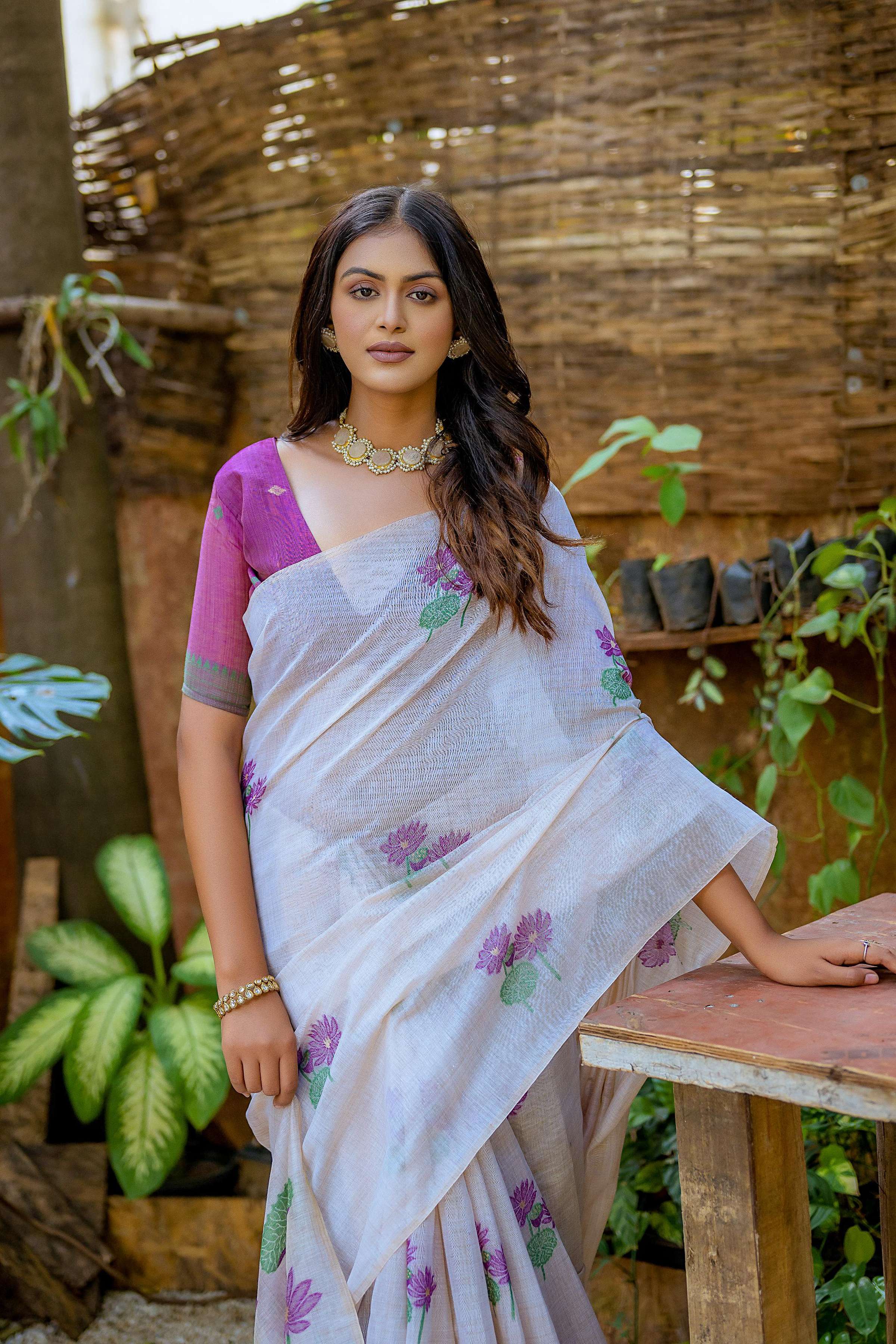 Jyoti Fashion Women's Wine Soft Muga Cotton Floral Weaving Traditional Saree with Blouse - Distacart