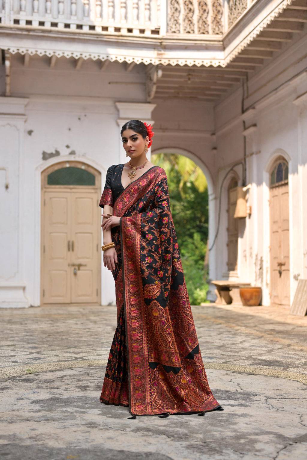 Jyoti Fashion Women's Black Soft Pashmina Silk Meena Zari Woven Saree with Blouse - Distacart