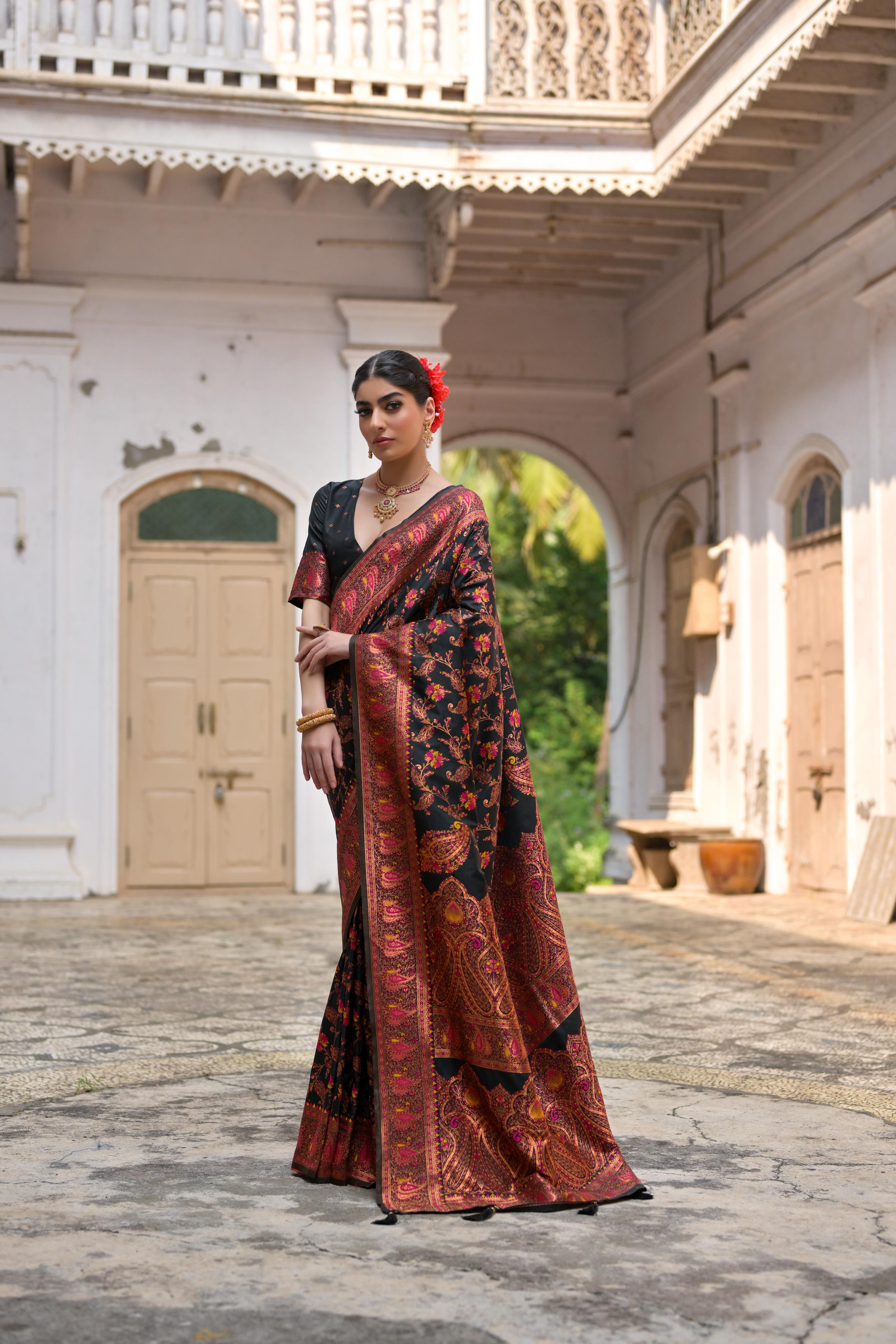 Jyoti Fashion Women's Black Soft Pashmina Silk Meena Zari Woven Saree with Blouse - Distacart