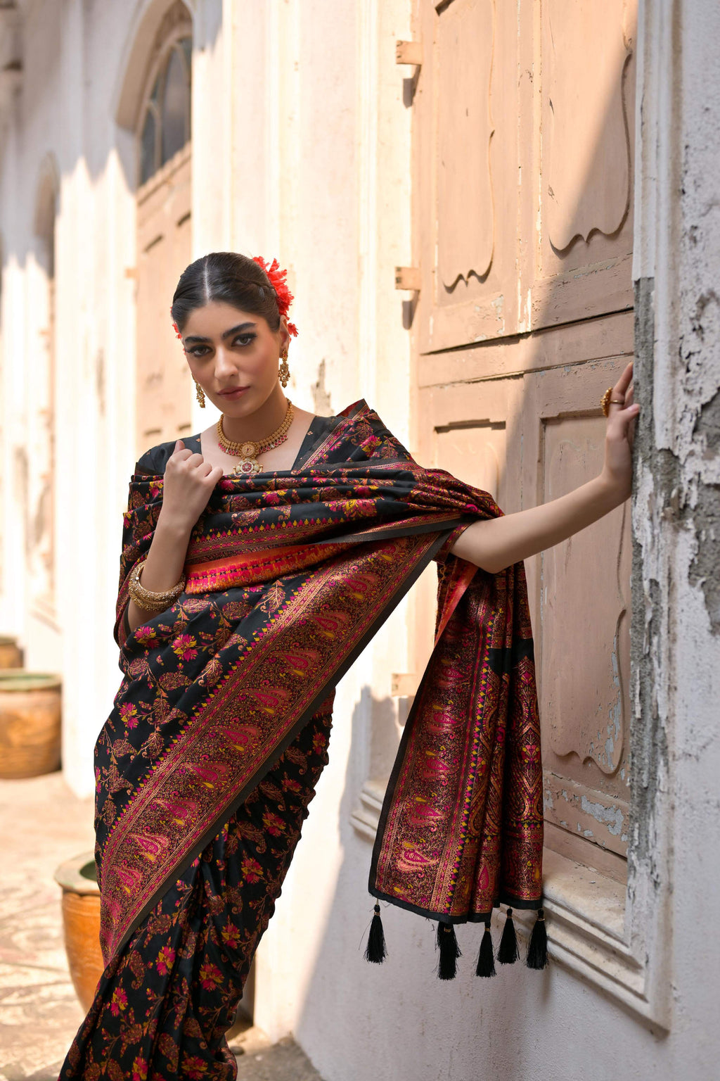 Jyoti Fashion Women's Black Soft Pashmina Silk Meena Zari Woven Saree with Blouse - Distacart