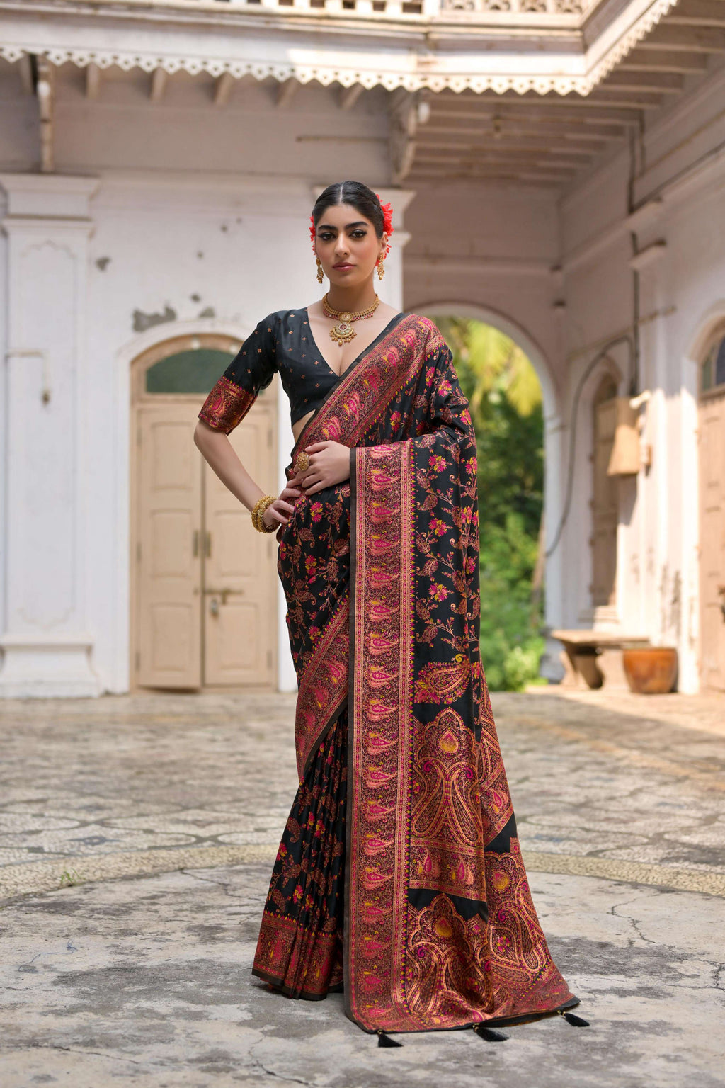 Jyoti Fashion Women's Black Soft Pashmina Silk Meena Zari Woven Saree with Blouse - Distacart
