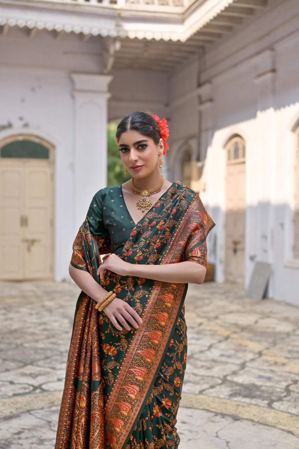 Jyoti Fashion Women's Bottle Green Soft Pashmina Silk Meena Zari Woven Saree with Blouse - Distacart
