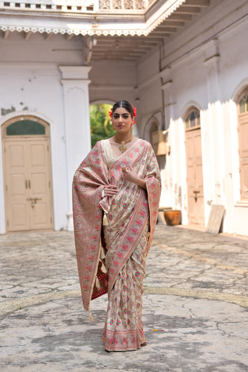 Jyoti Fashion Women's Cream Soft Pashmina Silk Meena Zari Woven Saree with Blouse - Distacart