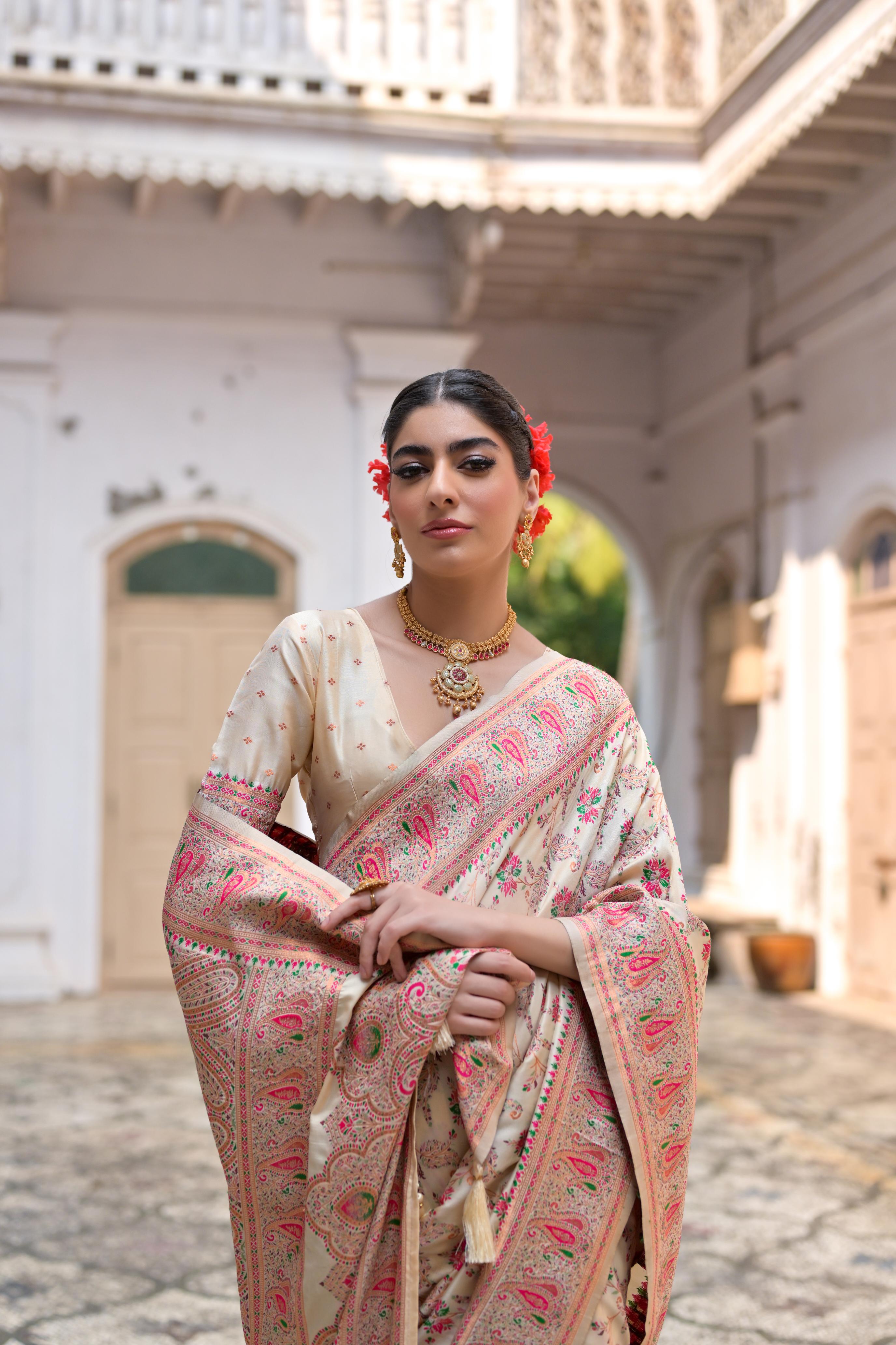 Jyoti Fashion Women's Cream Soft Pashmina Silk Meena Zari Woven Saree with Blouse - Distacart