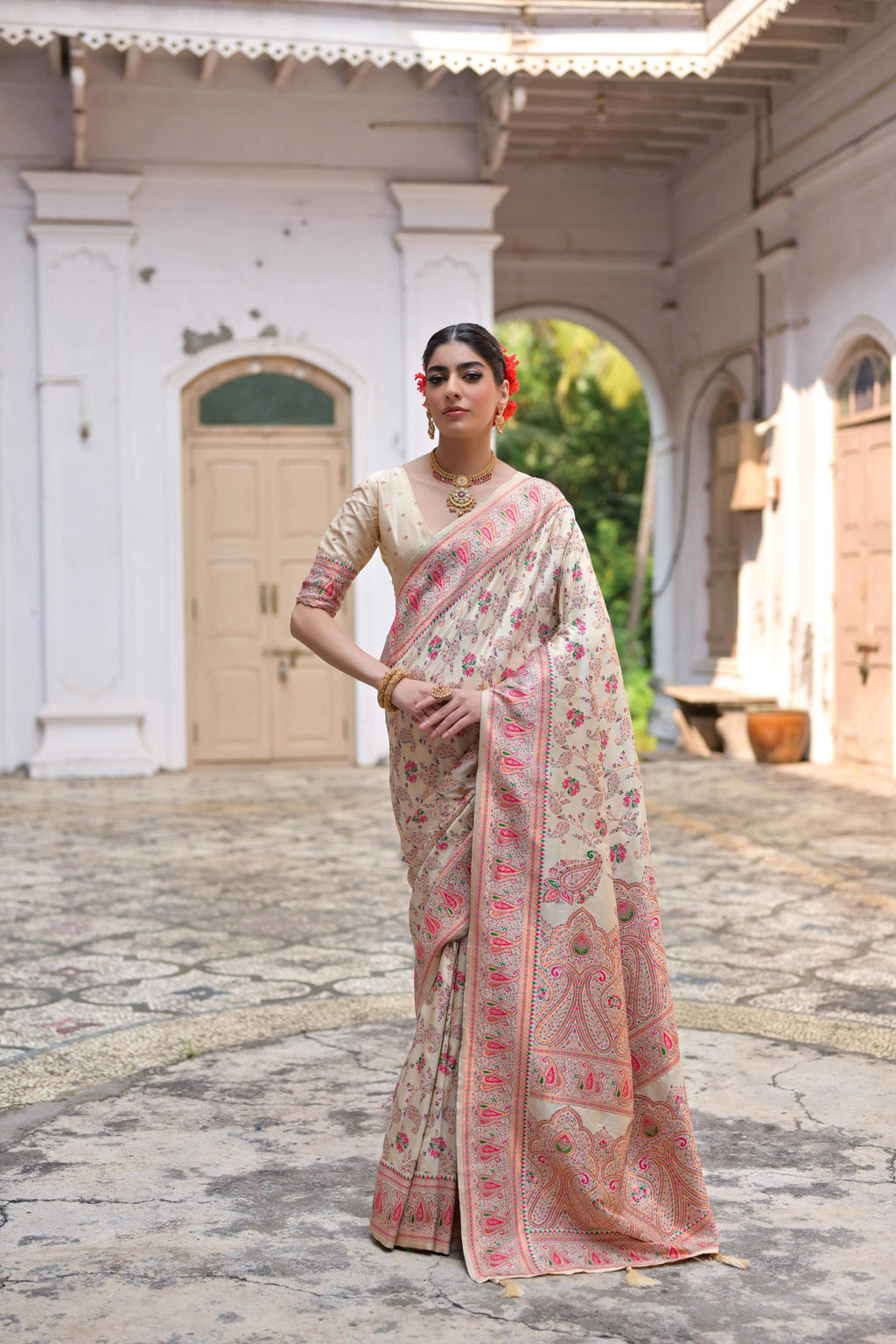 Jyoti Fashion Women's Cream Soft Pashmina Silk Meena Zari Woven Saree with Blouse - Distacart