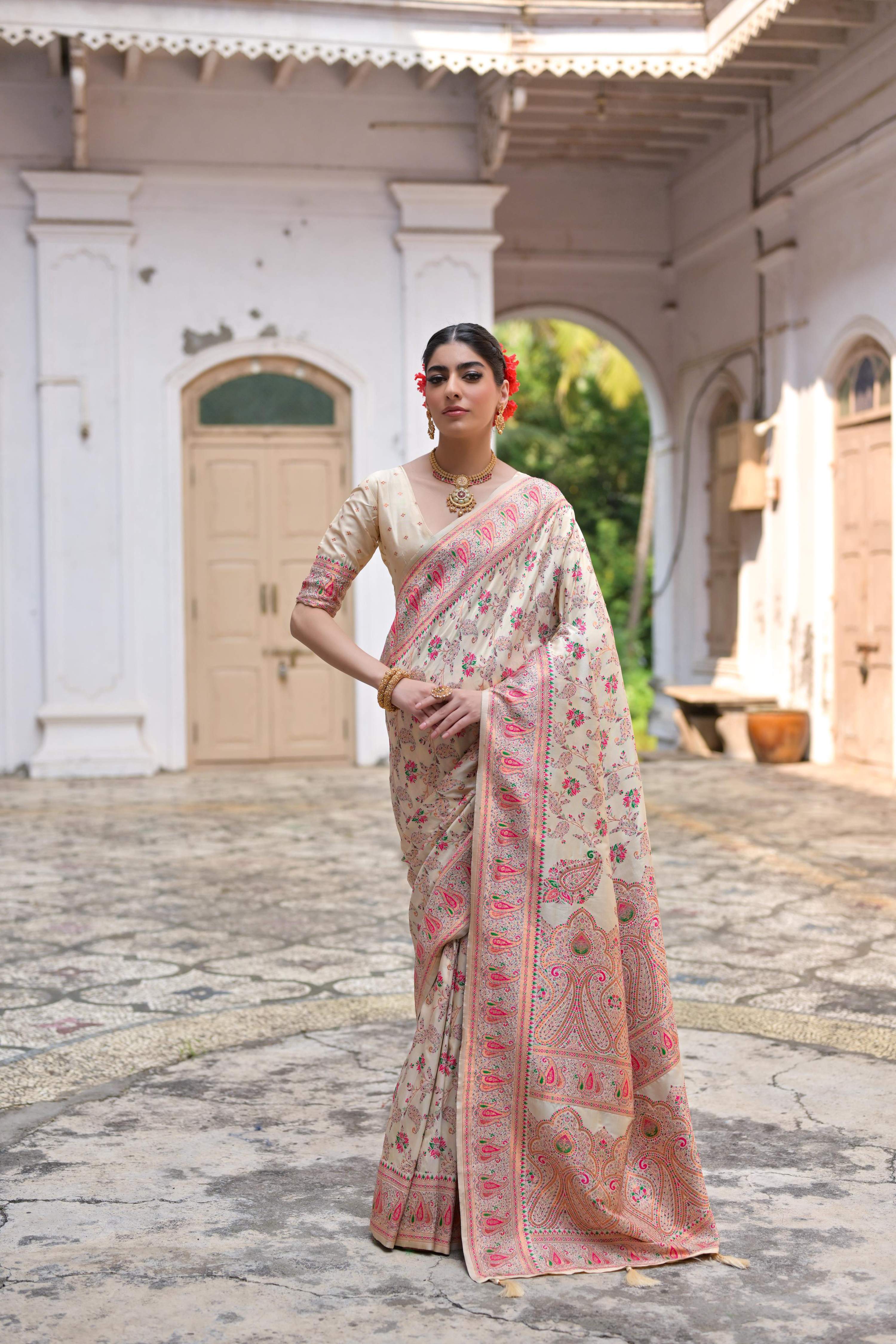 Jyoti Fashion Women's Cream Soft Pashmina Silk Meena Zari Woven Saree with Blouse - Distacart