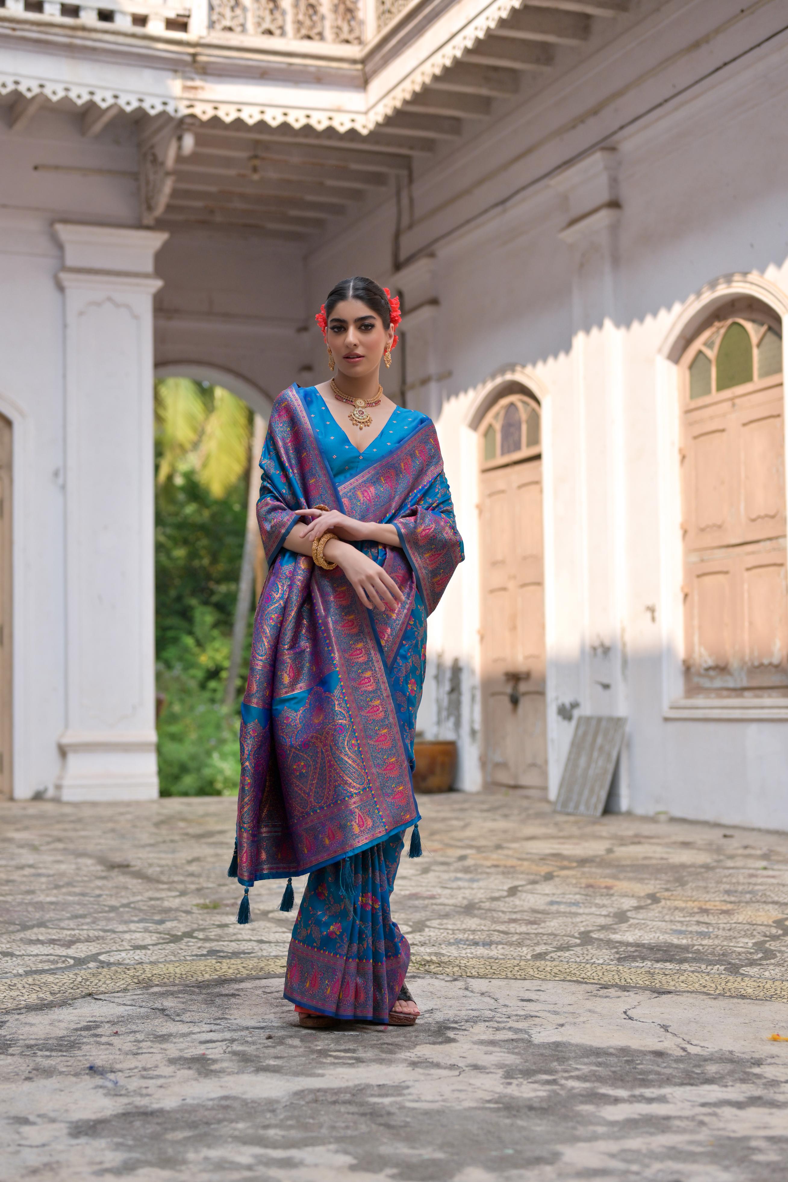 Jyoti Fashion Women's Firozi Soft Pashmina Silk Meena Zari Woven Saree with Blouse - Distacart