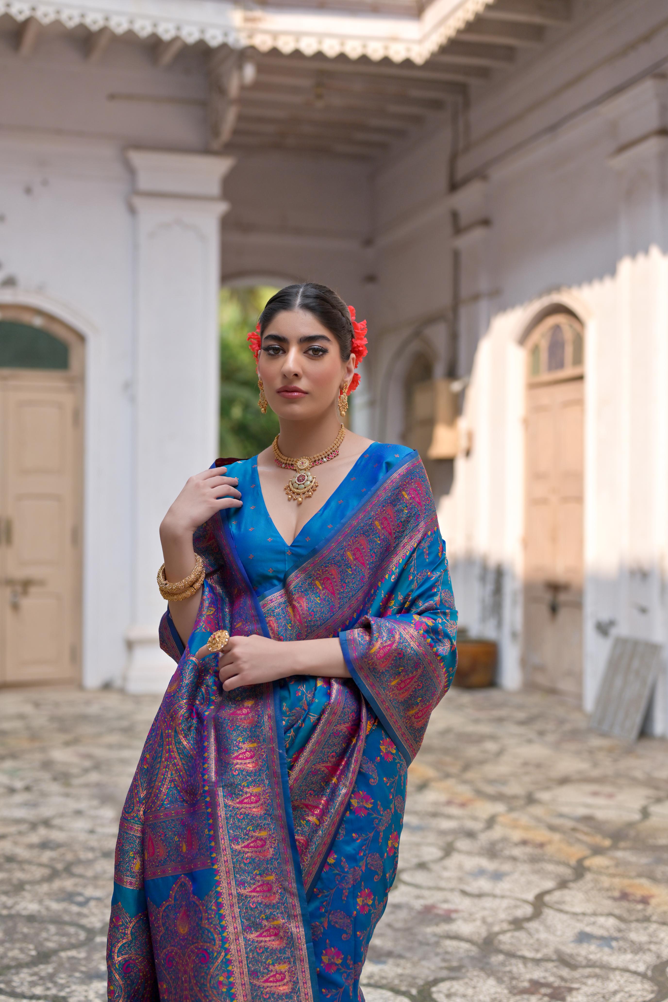 Jyoti Fashion Women's Firozi Soft Pashmina Silk Meena Zari Woven Saree with Blouse - Distacart