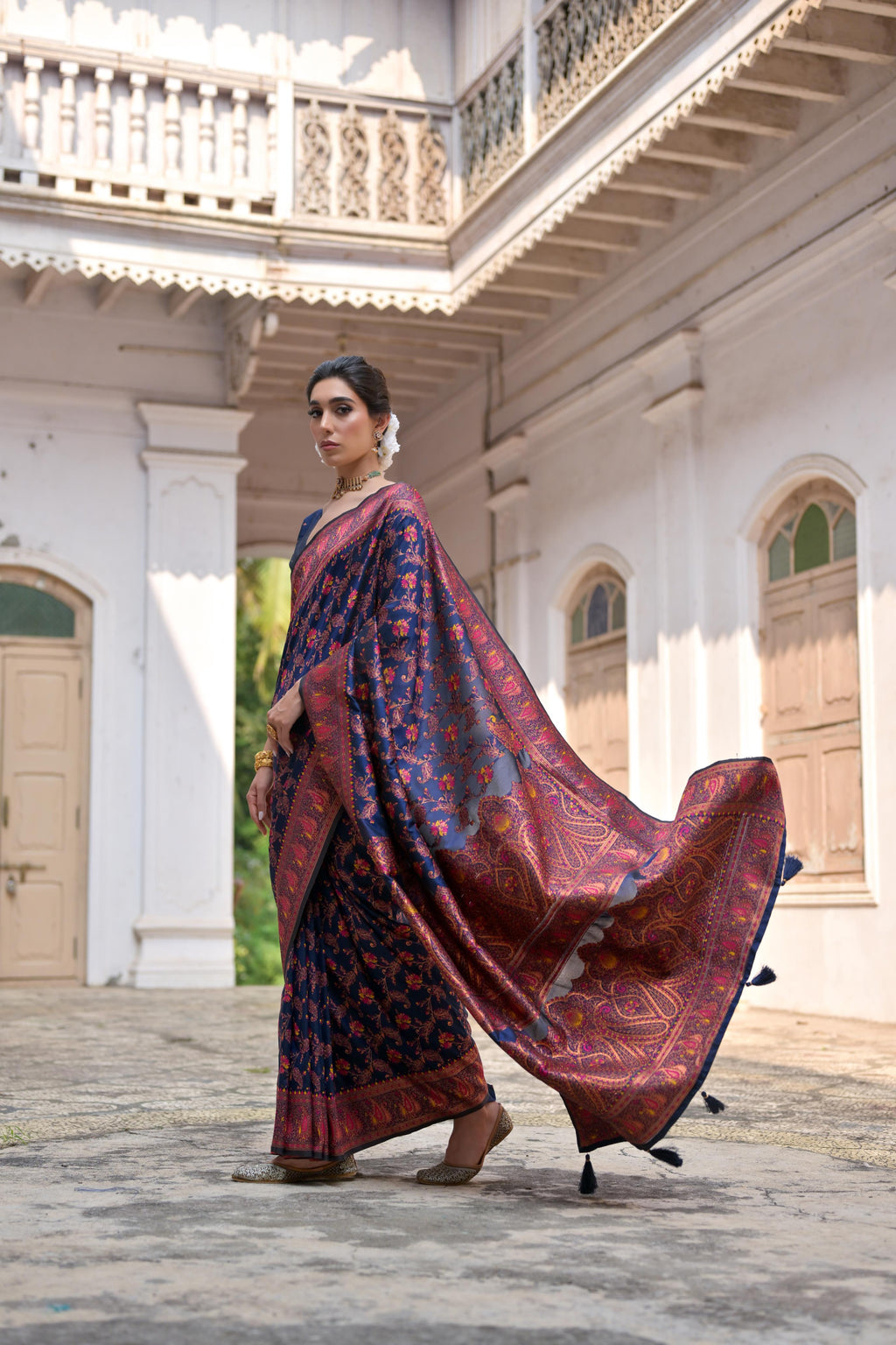 Jyoti Fashion Women's Navy Blue Soft Pashmina Silk Meena Zari Woven Saree with Blouse - Distacart