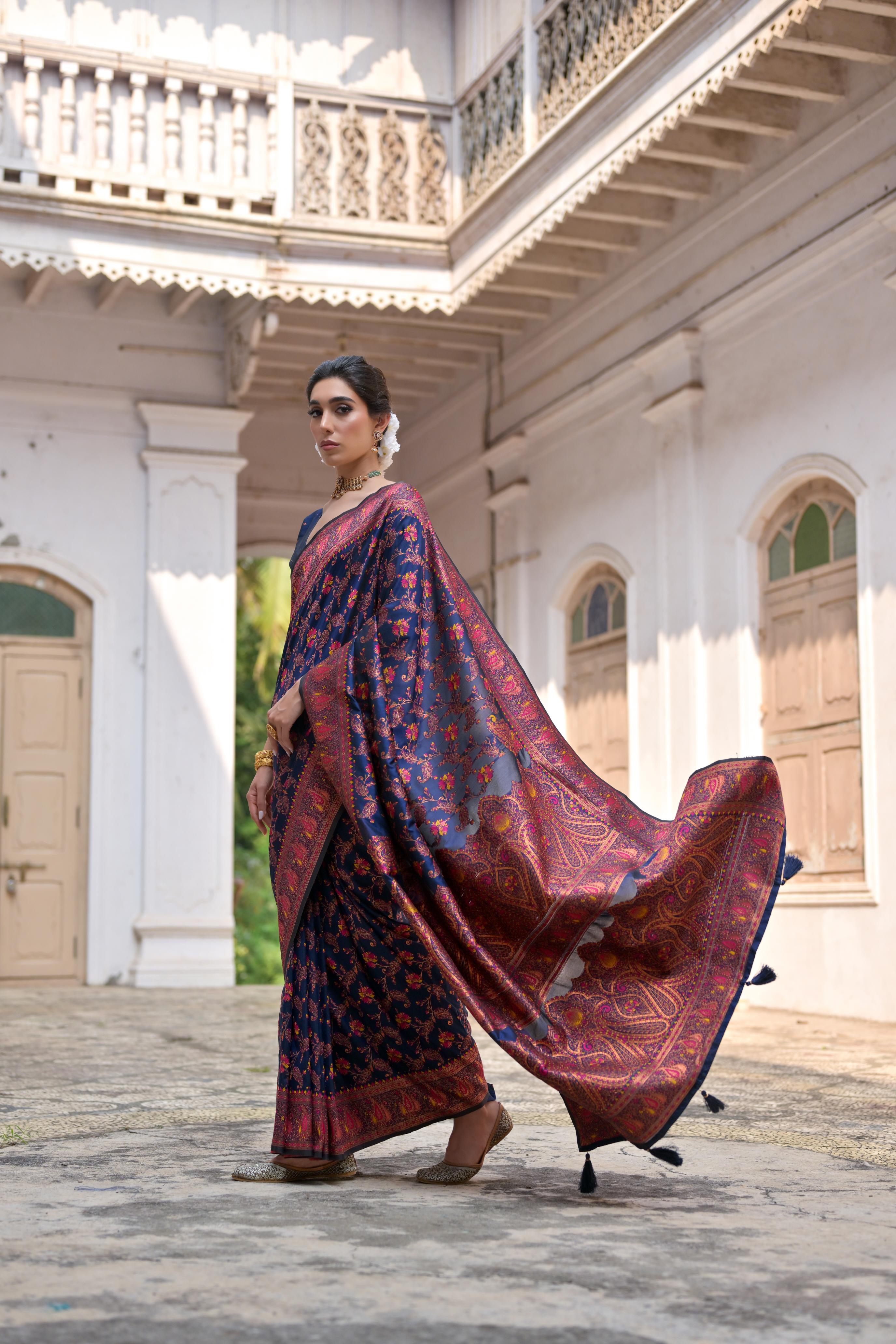 Jyoti Fashion Women's Navy Blue Soft Pashmina Silk Meena Zari Woven Saree with Blouse - Distacart