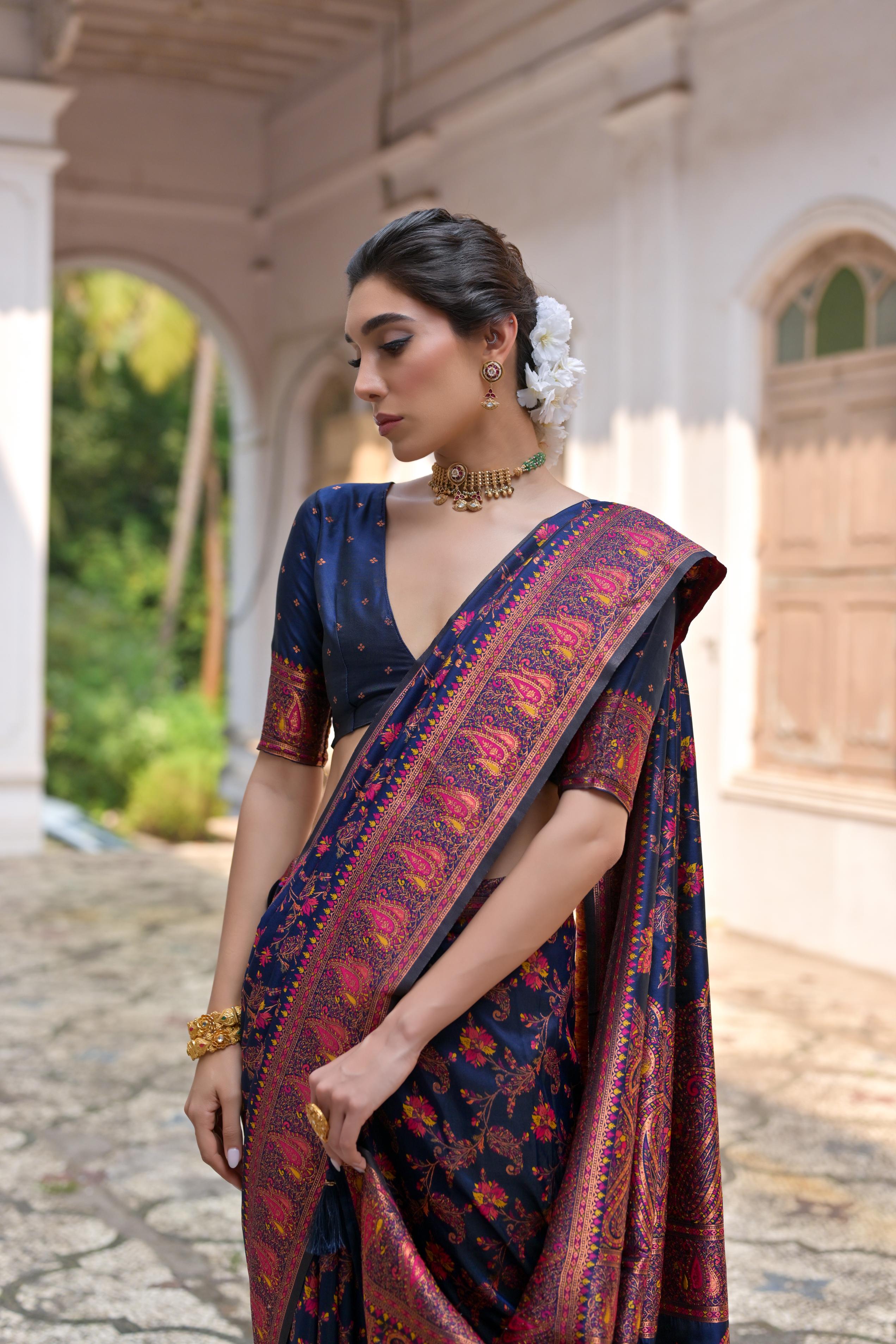 Jyoti Fashion Women's Navy Blue Soft Pashmina Silk Meena Zari Woven Saree with Blouse - Distacart