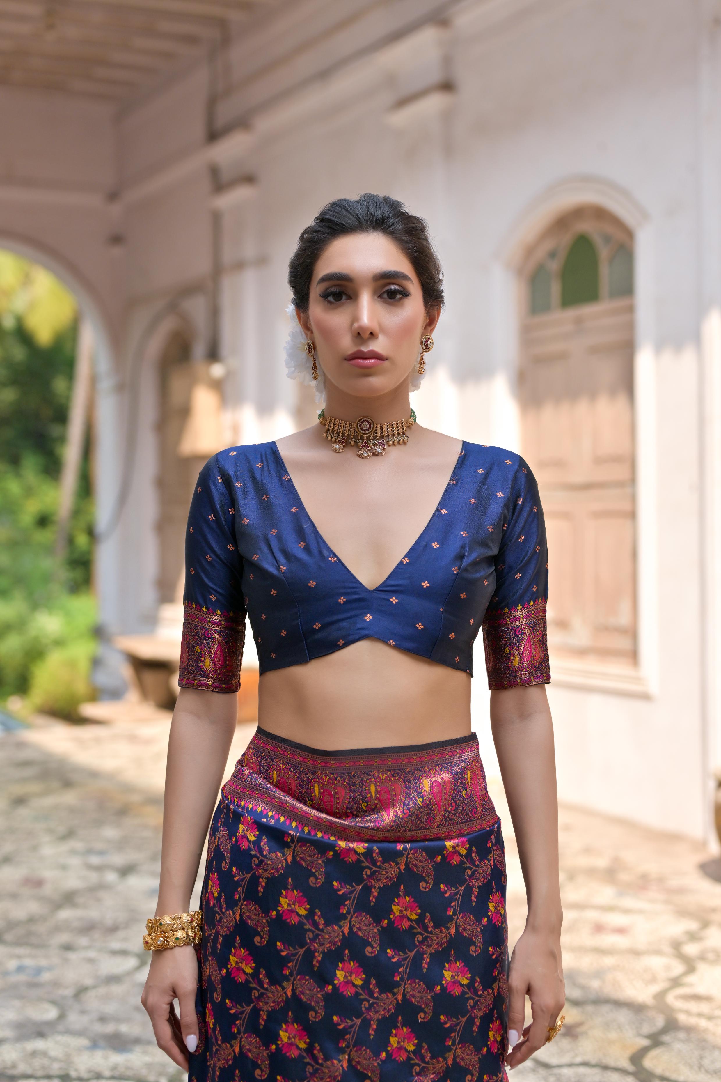 Jyoti Fashion Women's Navy Blue Soft Pashmina Silk Meena Zari Woven Saree with Blouse - Distacart