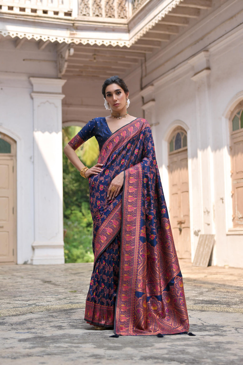 Jyoti Fashion Women's Navy Blue Soft Pashmina Silk Meena Zari Woven Saree with Blouse - Distacart