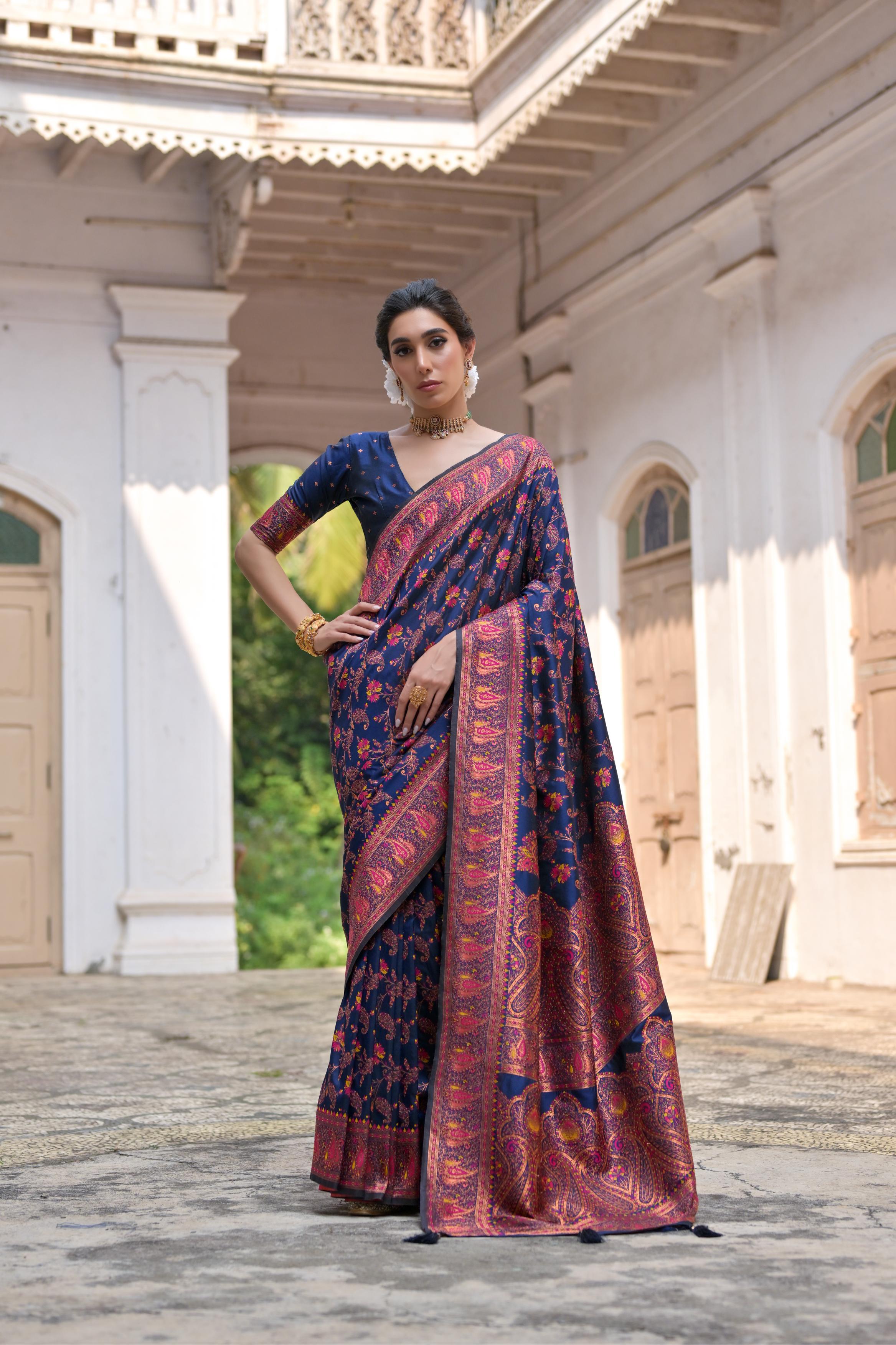 Jyoti Fashion Women's Navy Blue Soft Pashmina Silk Meena Zari Woven Saree with Blouse - Distacart