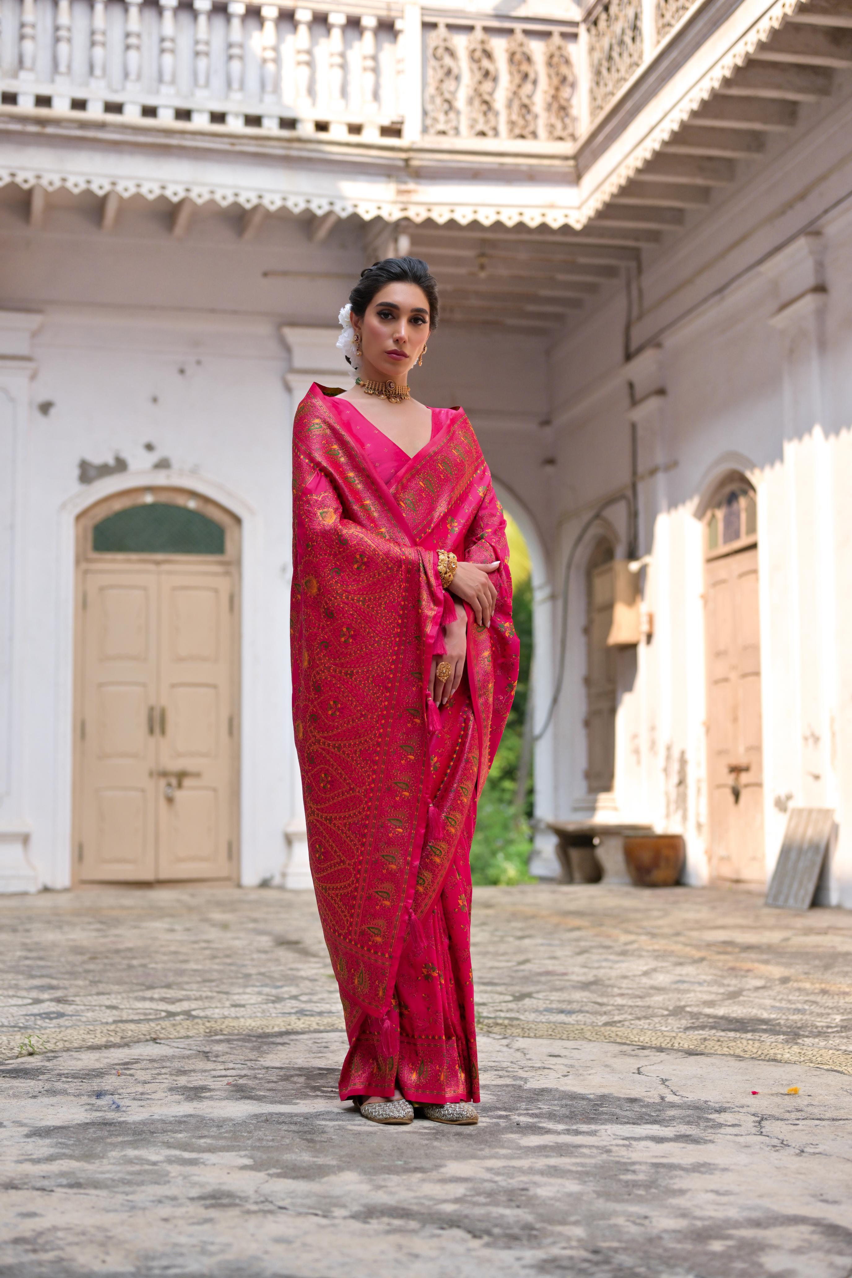 Jyoti Fashion Women's Pink Soft Pashmina Silk Meena Zari Woven Saree with Blouse - Distacart