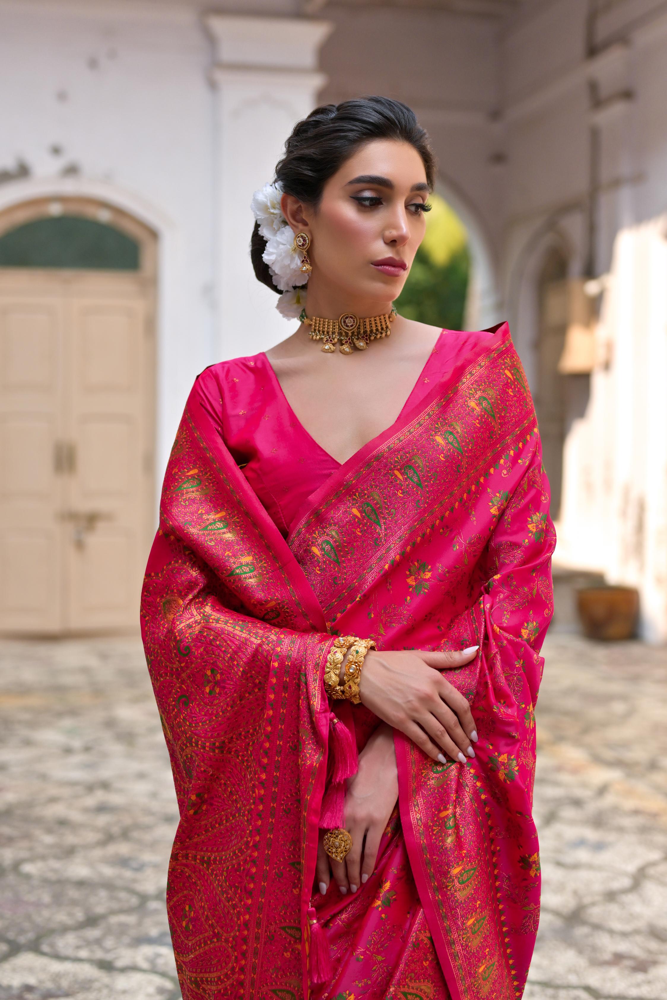 Jyoti Fashion Women's Pink Soft Pashmina Silk Meena Zari Woven Saree with Blouse - Distacart