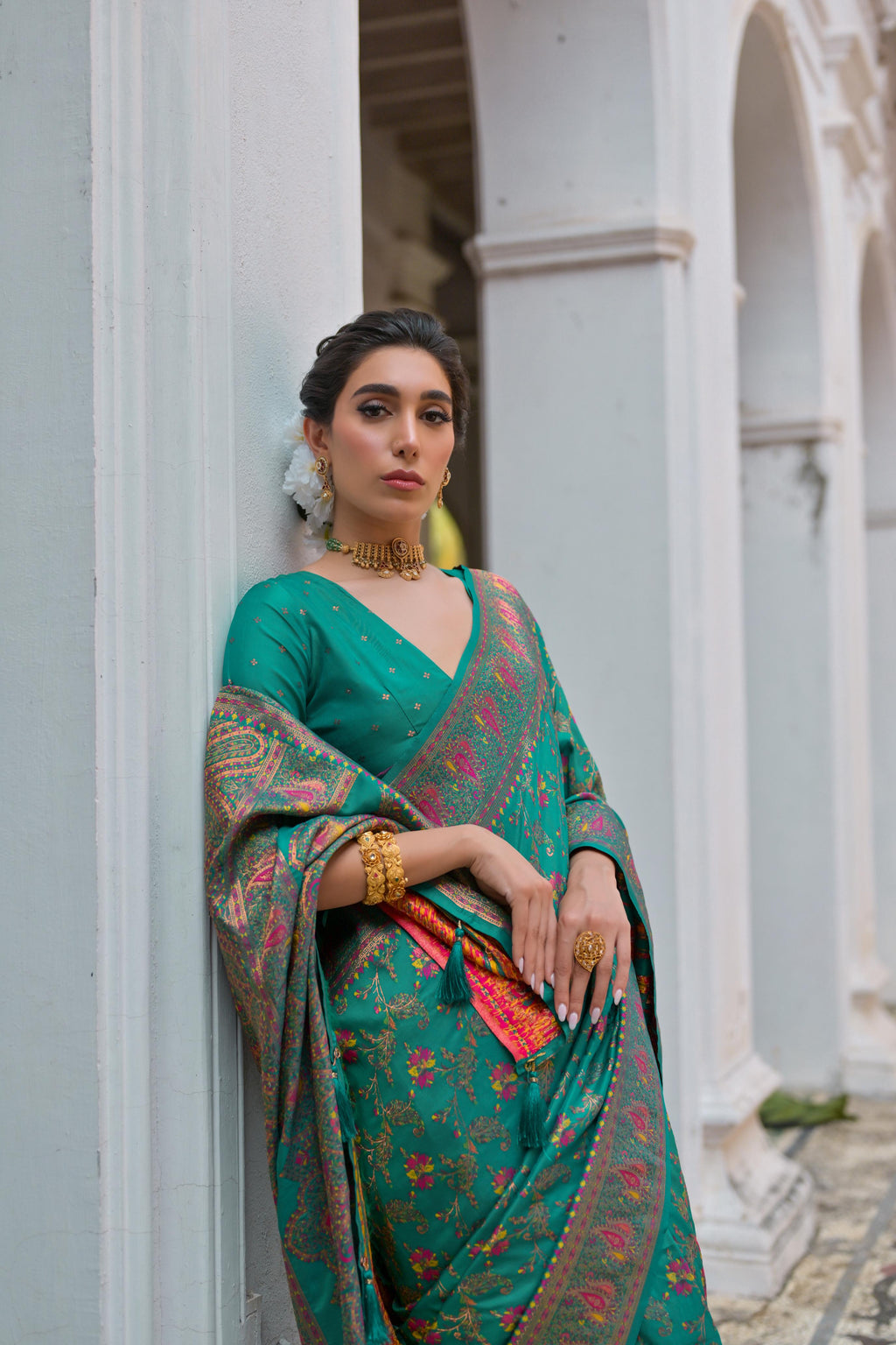 Jyoti Fashion Women's Rama Soft Pashmina Silk Meena Zari Woven Saree with Blouse - Distacart