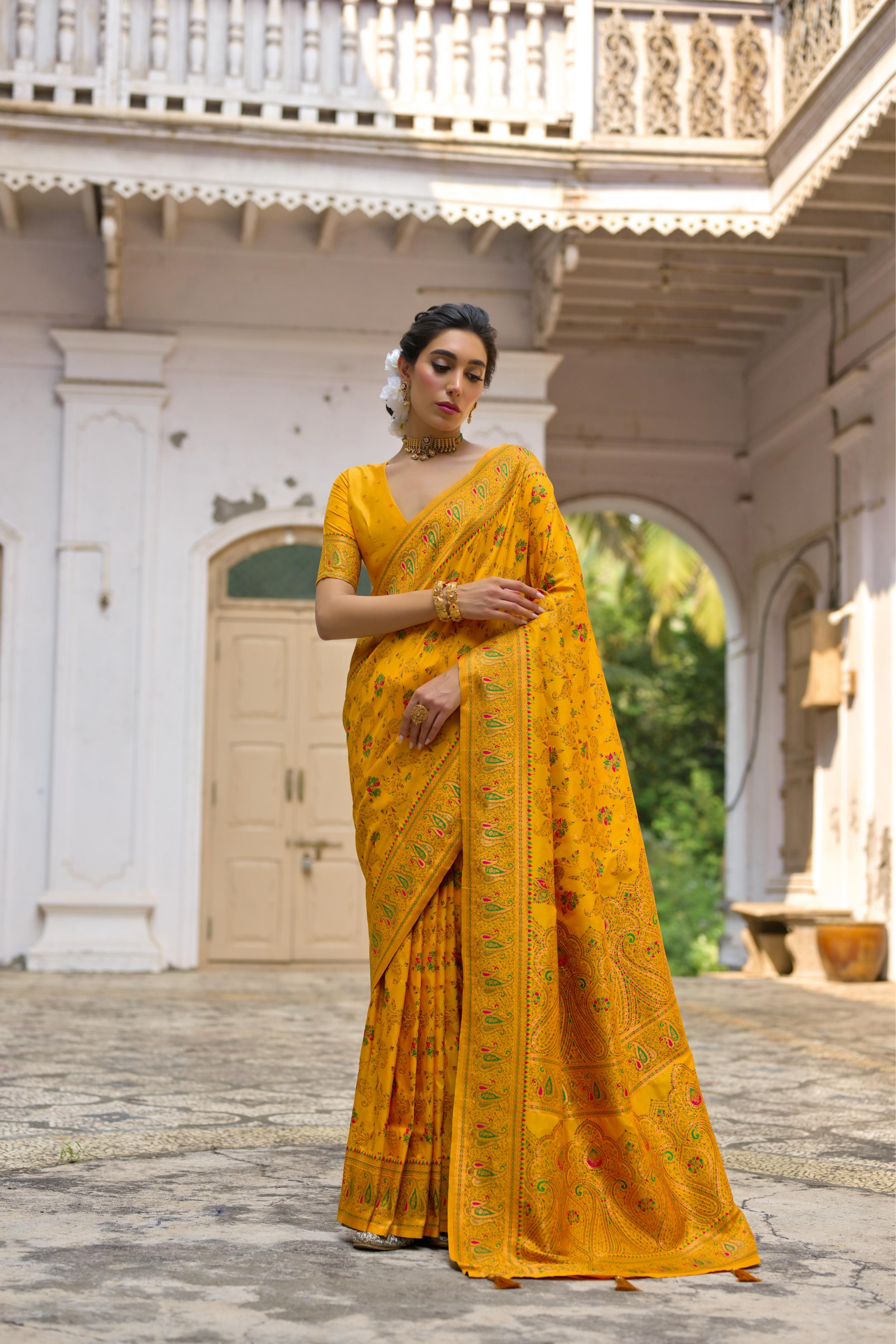 Jyoti Fashion Women's Yellow Soft Pashmina Silk Meena Zari Woven Saree with Blouse - Distacart
