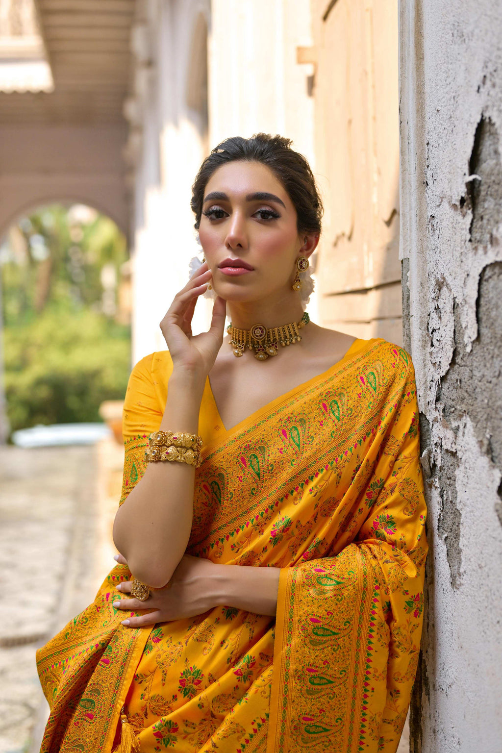 Jyoti Fashion Women's Yellow Soft Pashmina Silk Meena Zari Woven Saree with Blouse - Distacart