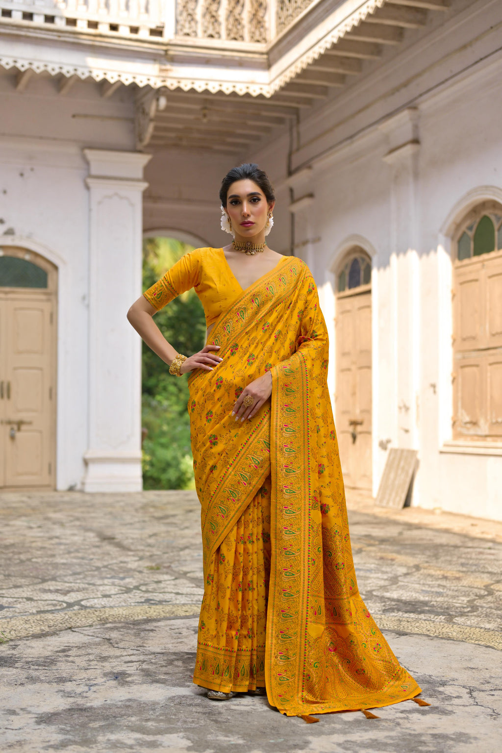 Jyoti Fashion Women's Yellow Soft Pashmina Silk Meena Zari Woven Saree with Blouse - Distacart