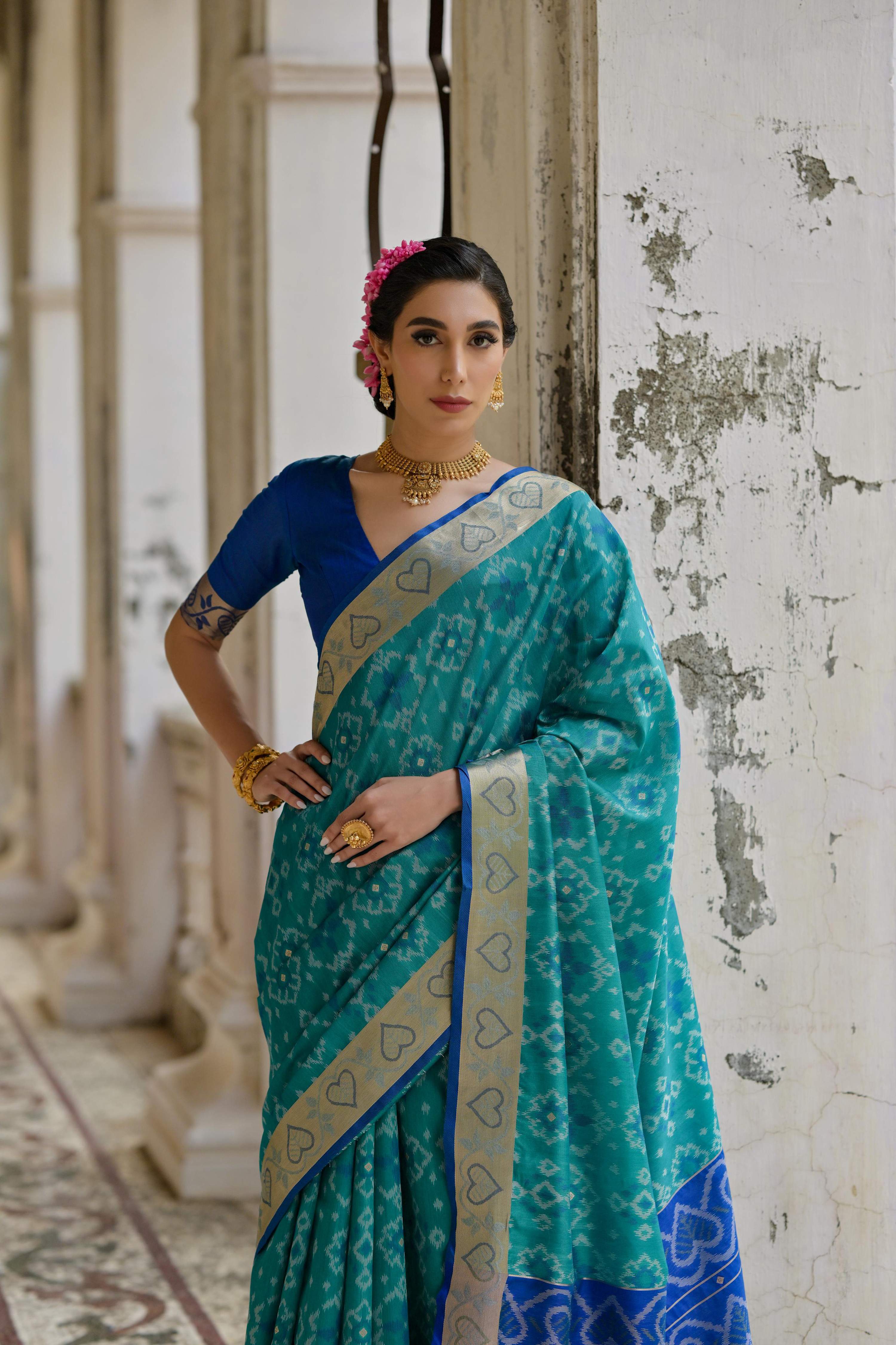 Jyoti Fashion Women's Firozi Soft Raw Silk Zari Woven Saree with Blouse - Distacart