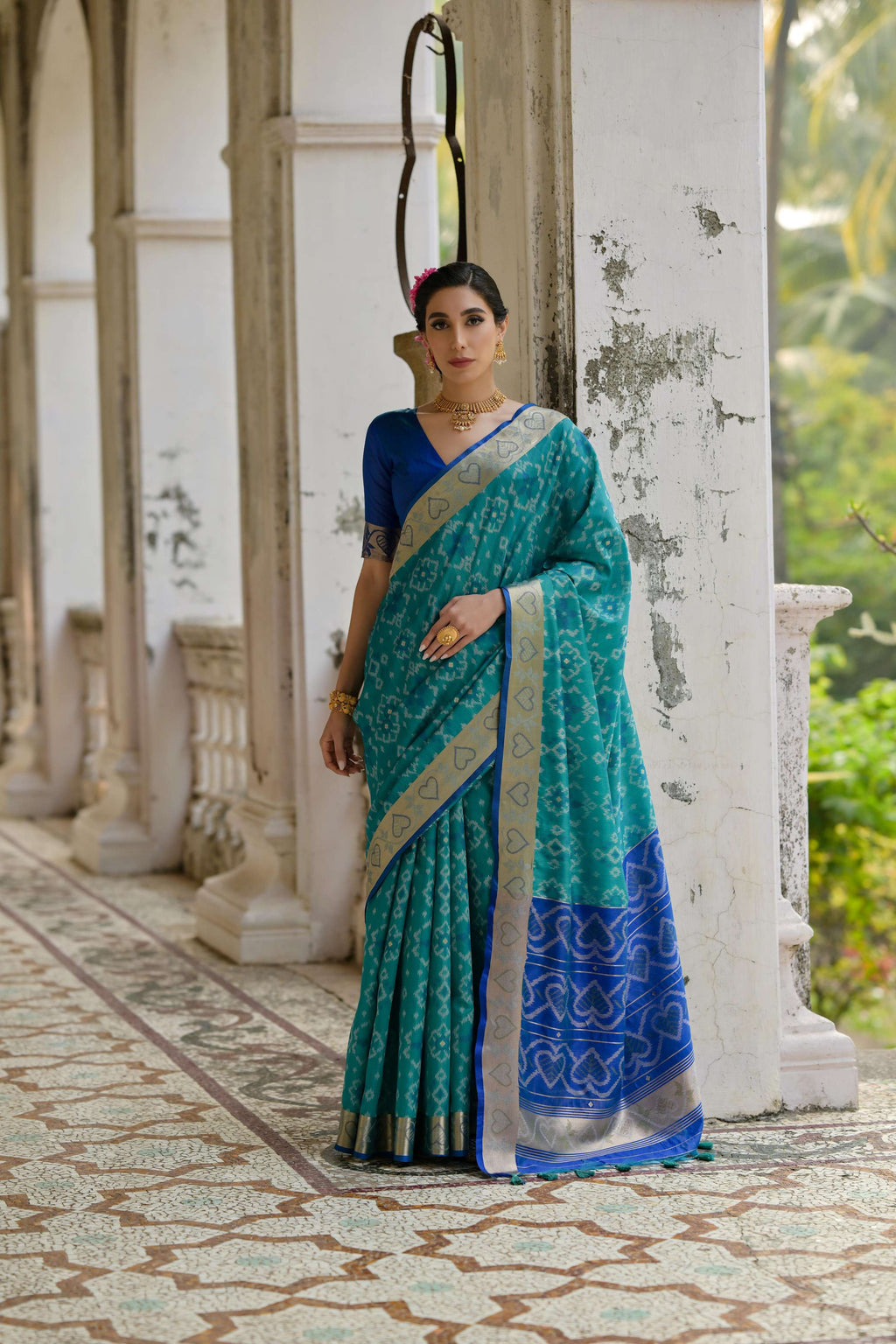 Jyoti Fashion Women's Firozi Soft Raw Silk Zari Woven Saree with Blouse - Distacart