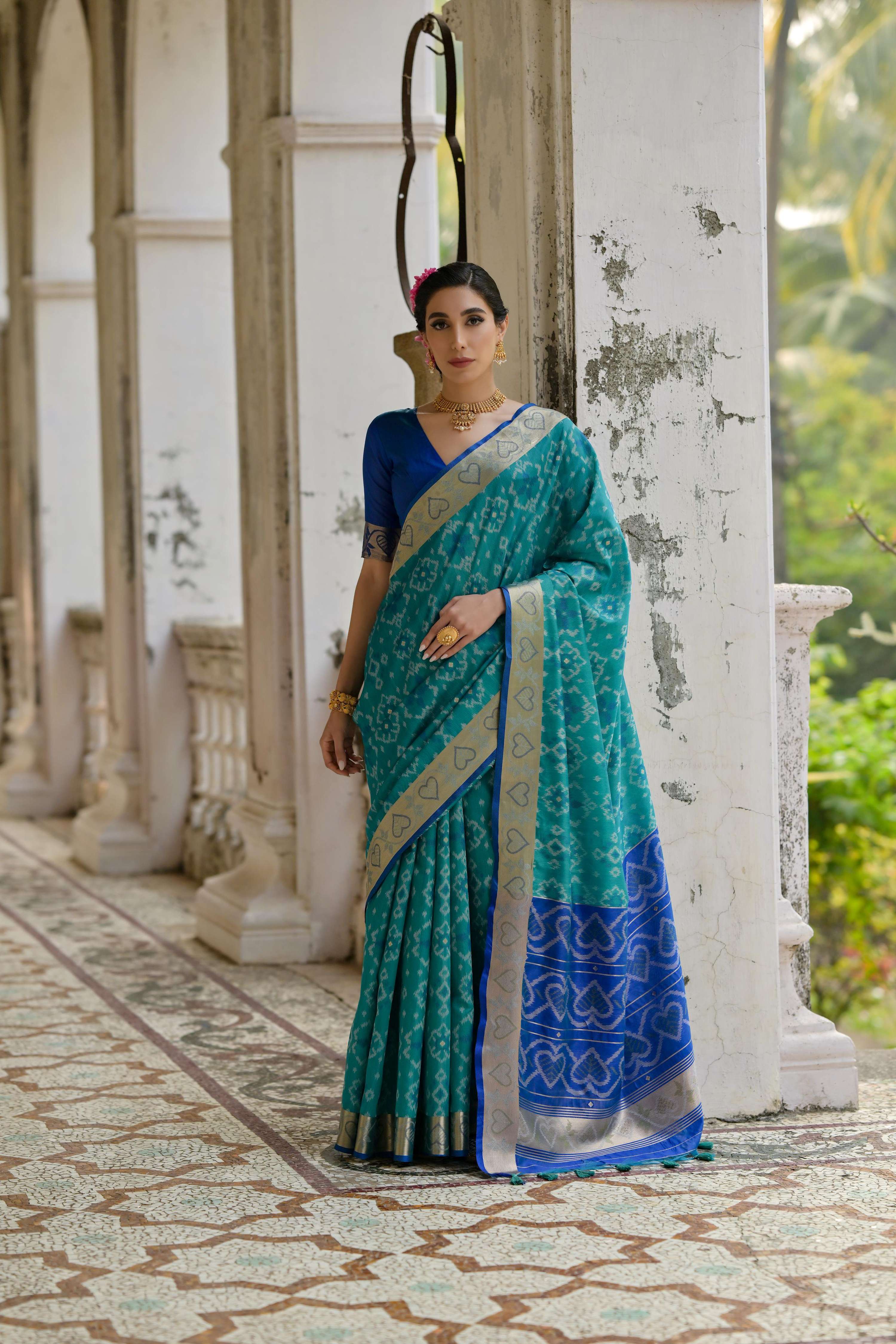 Jyoti Fashion Women's Firozi Soft Raw Silk Zari Woven Saree with Blouse - Distacart