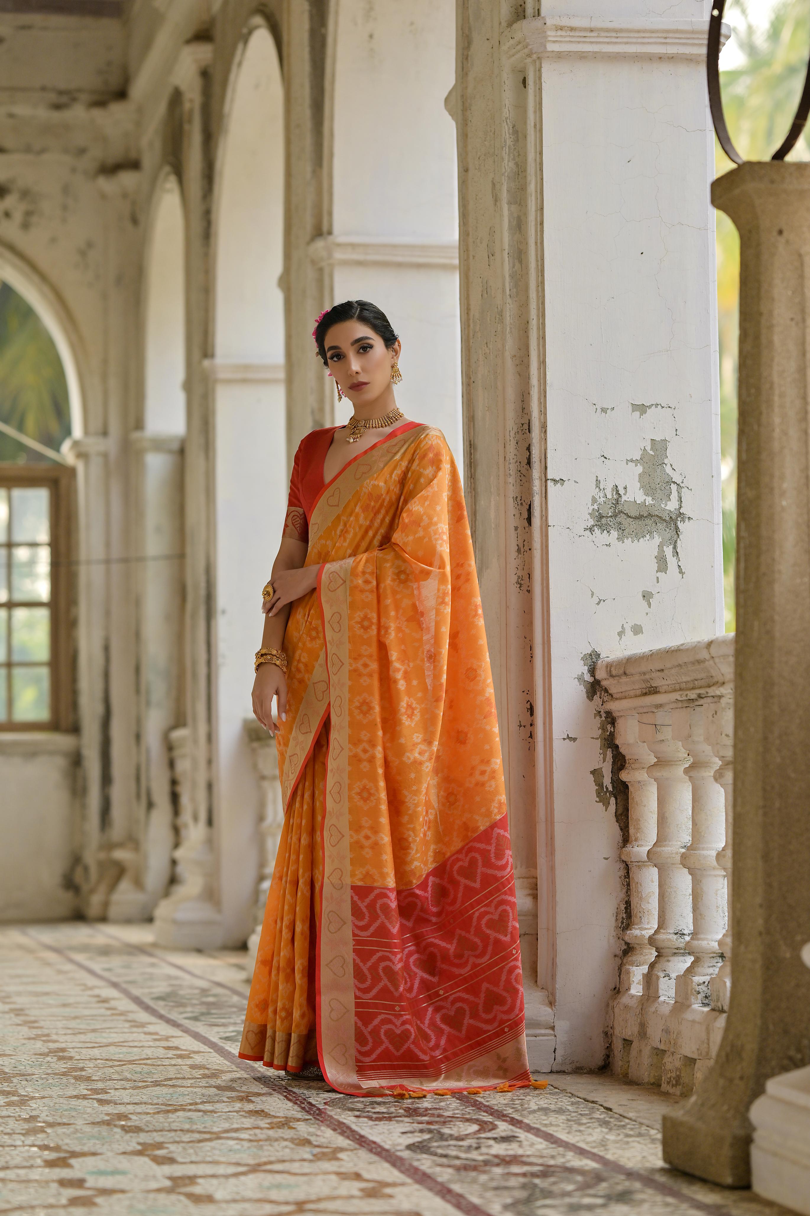 Jyoti Fashion Women's Orange Soft Raw Silk Zari Woven Saree with Blouse - Distacart