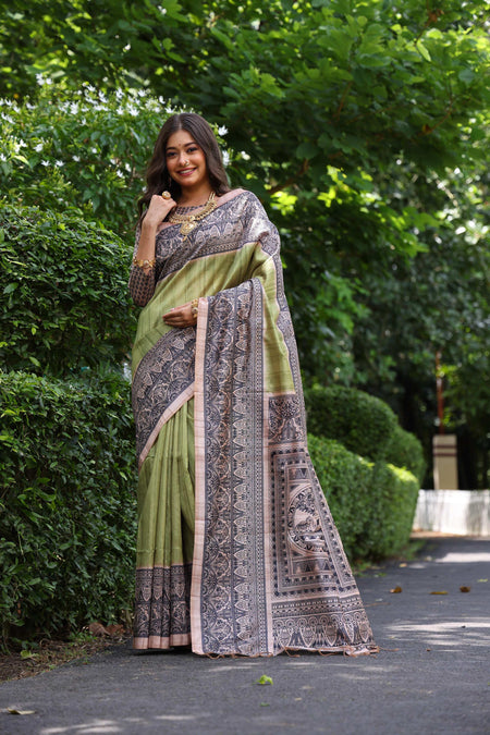Jyoti Fashion Women's Green Soft Tussar Silk Madhubani Printed Saree with Blouse