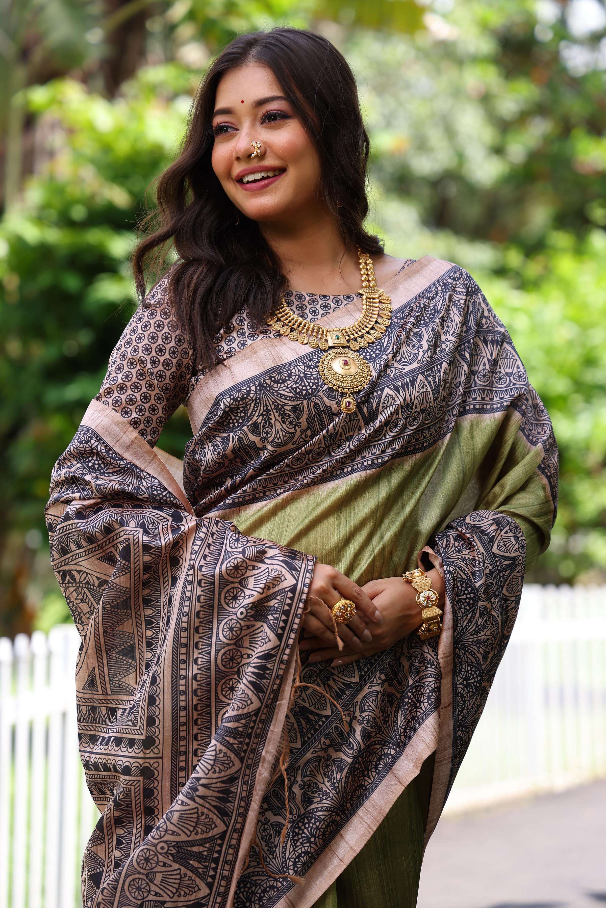 Jyoti Fashion Women's Green Soft Tussar Silk Madhubani Printed Saree with Blouse - Distacart