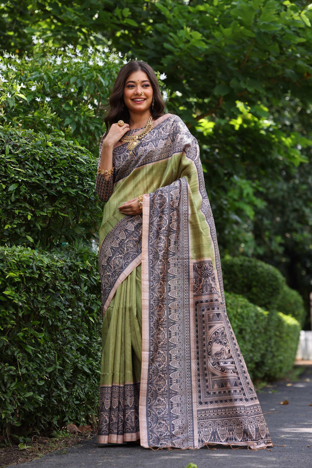 Jyoti Fashion Women's Green Soft Tussar Silk Madhubani Printed Saree with Blouse - Distacart