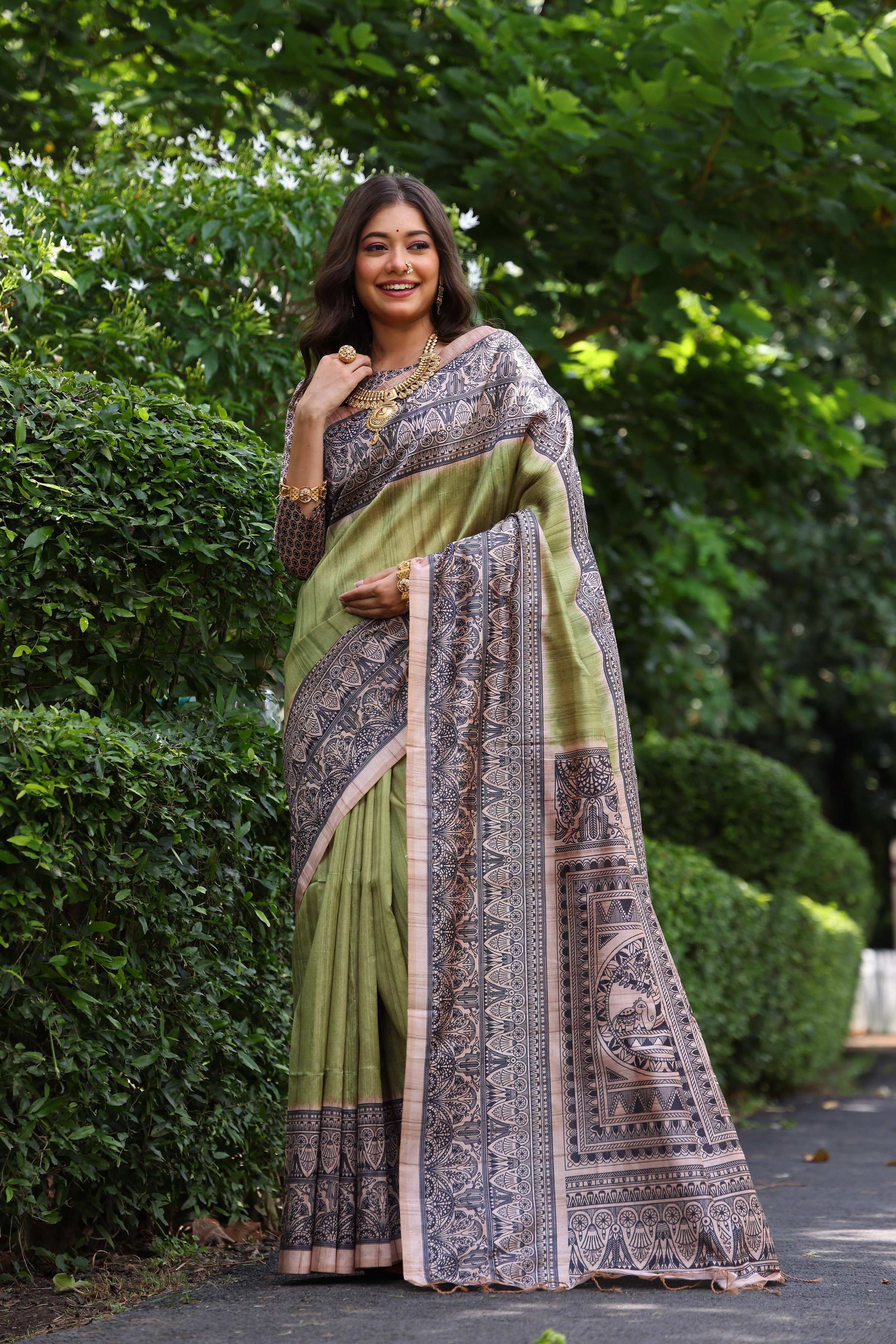 Jyoti Fashion Women's Green Soft Tussar Silk Madhubani Printed Saree with Blouse - Distacart