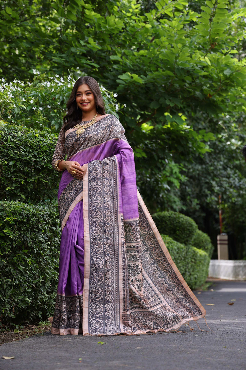Jyoti Fashion Women's Purple Soft Tussar Silk Madhubani Printed Saree with Blouse - Distacart